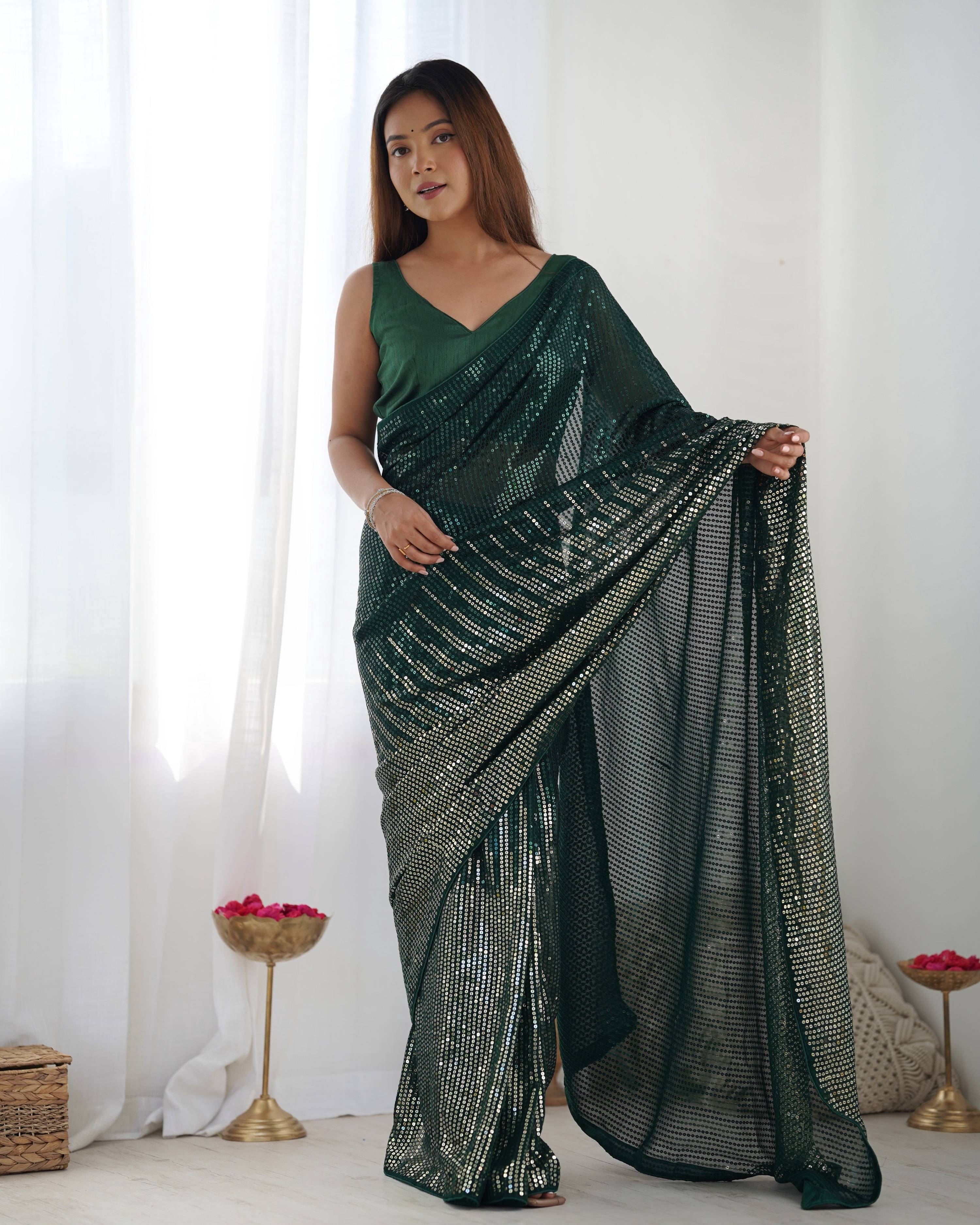 Jyoti Fashion Women's Bottle Green Georgette Sequins Designer Saree with Blouse