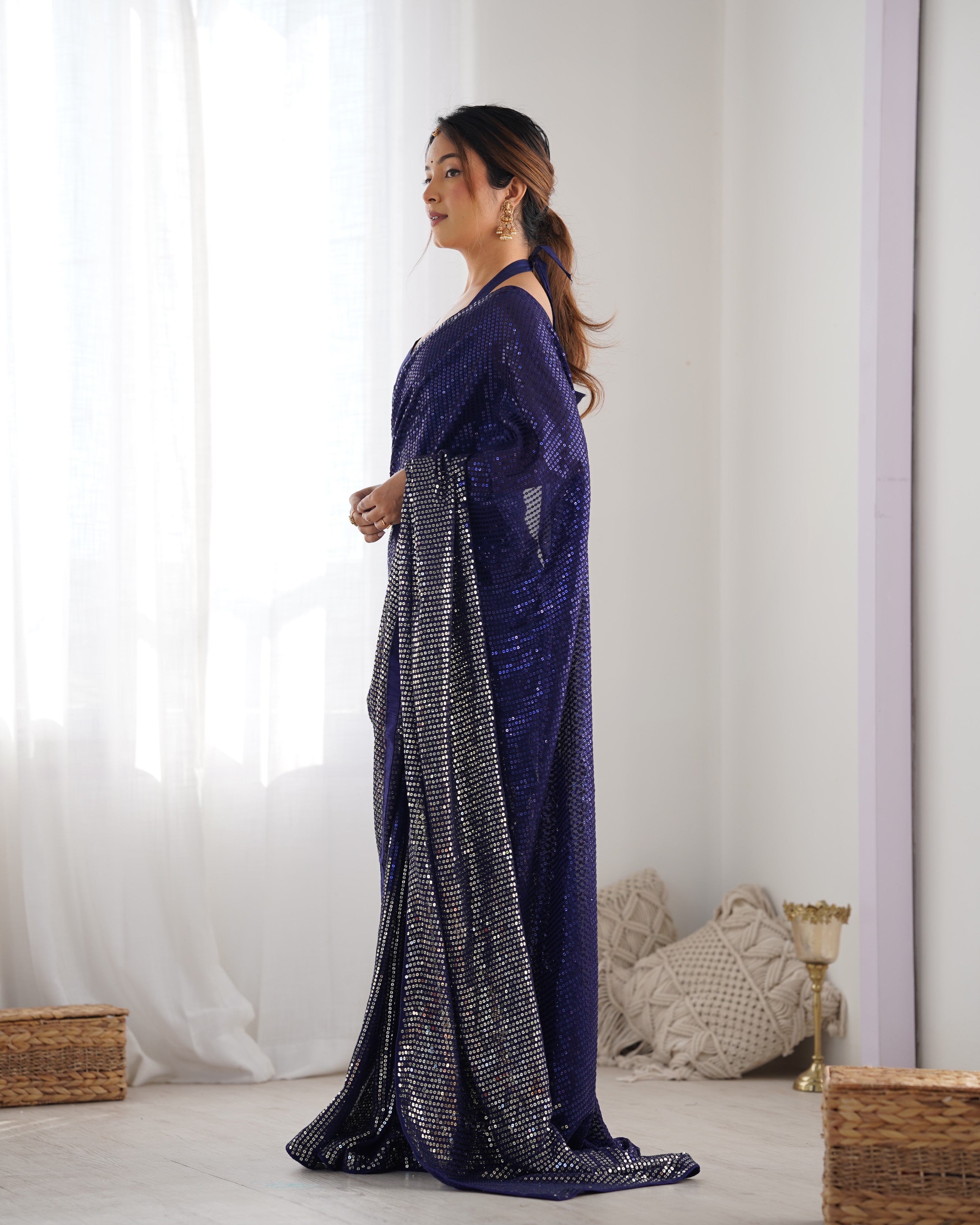 Jyoti Fashion Women's Navy Blue Georgette Sequins Designer Saree with Blouse
