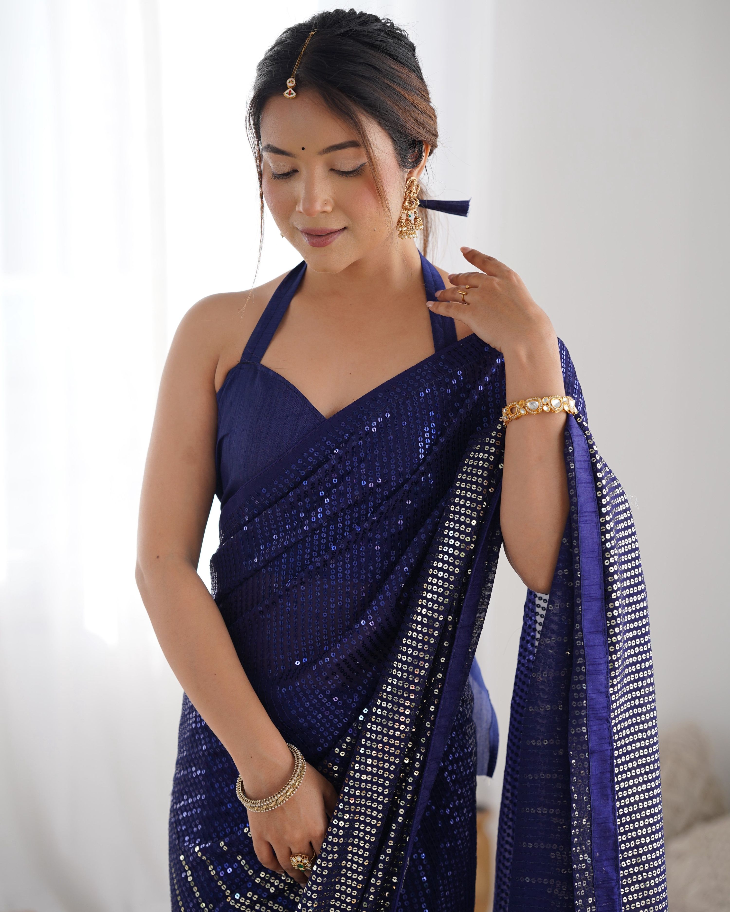 Jyoti Fashion Women's Navy Blue Georgette Sequins Designer Saree with Blouse