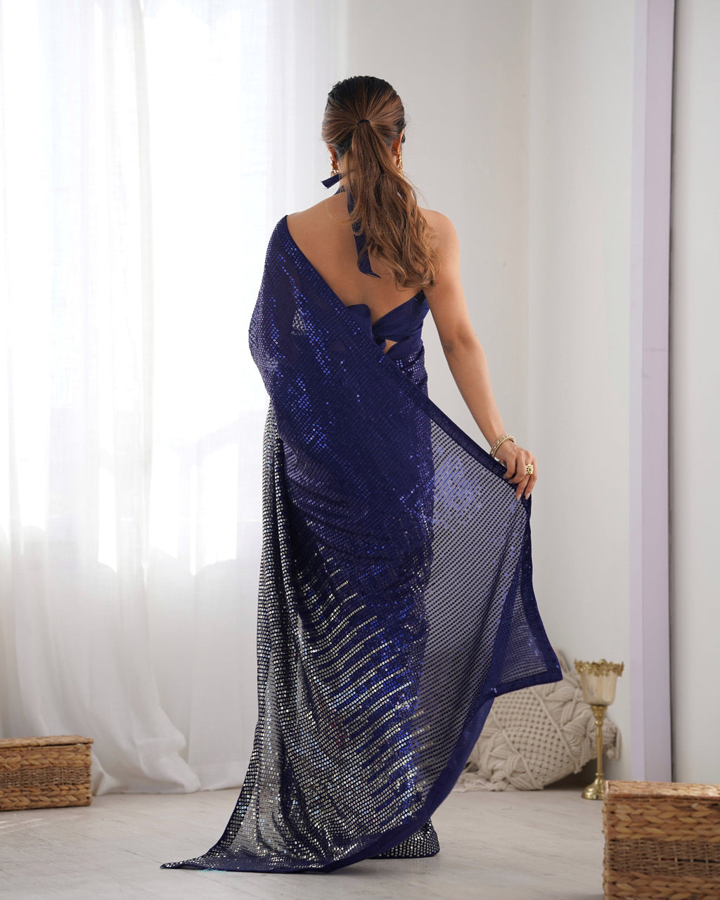Jyoti Fashion Women's Navy Blue Georgette Sequins Designer Saree with Blouse
