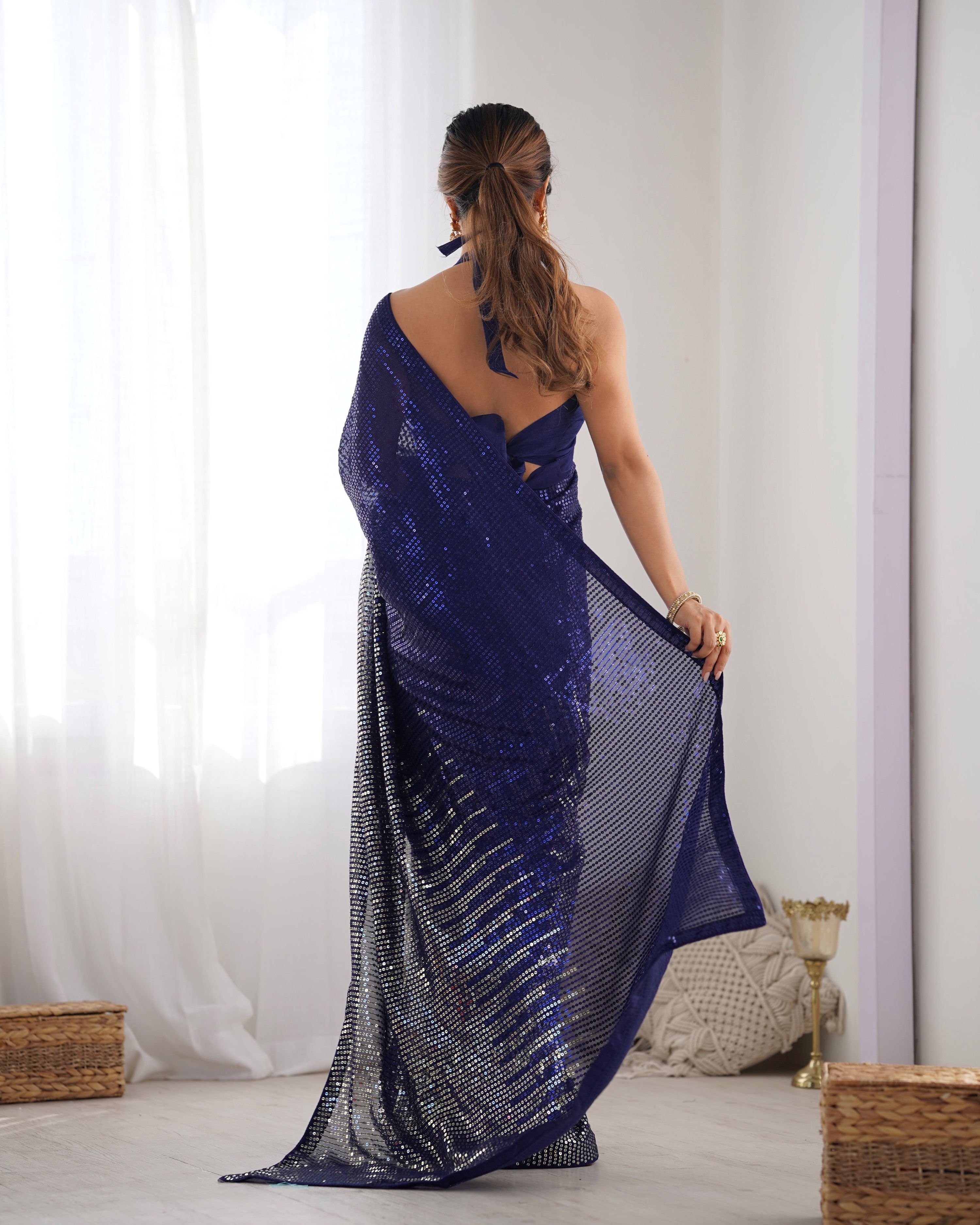 Jyoti Fashion Women's Navy Blue Georgette Sequins Designer Saree with Blouse