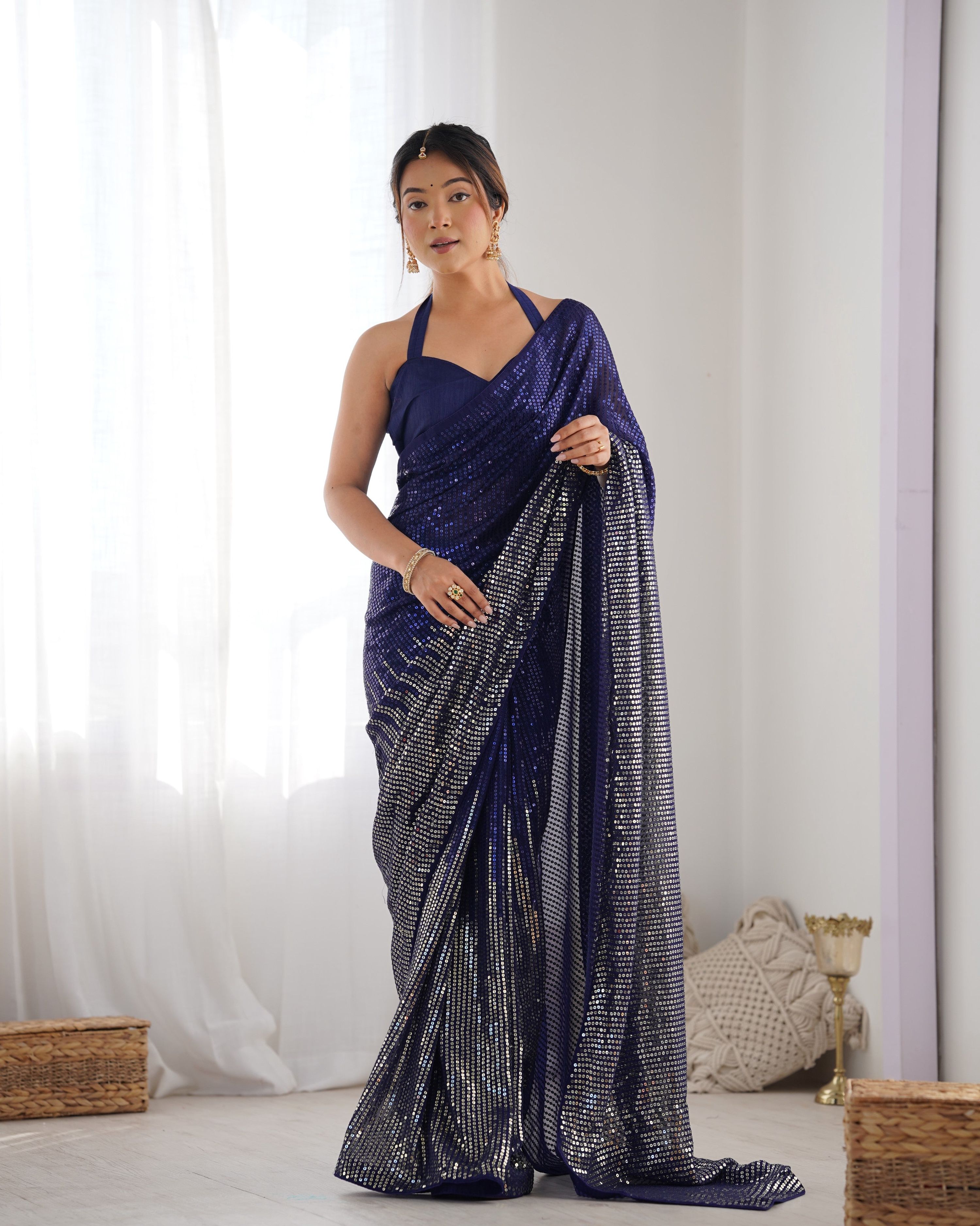 Jyoti Fashion Women's Navy Blue Georgette Sequins Designer Saree with Blouse