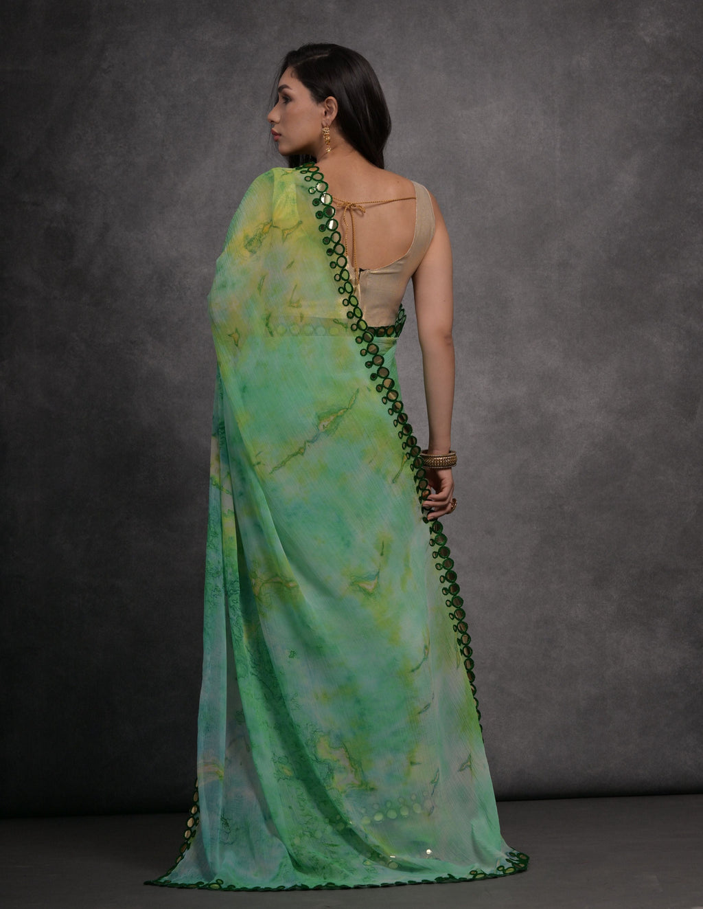 Jyoti Fashion Women's Green Chiffon Print with Mirror Work Designer Saree with Blouse