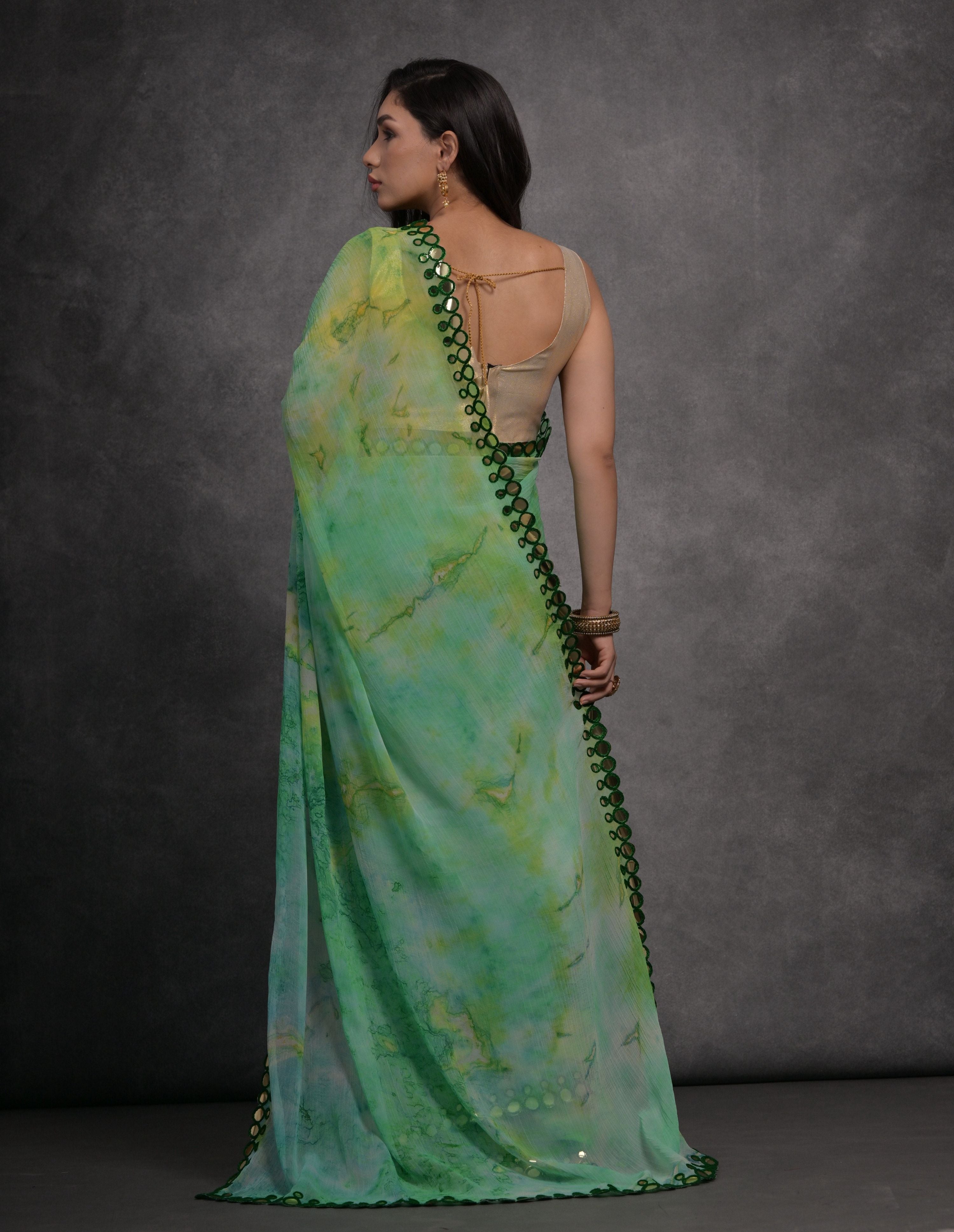 Jyoti Fashion Women's Green Chiffon Print with Mirror Work Designer Saree with Blouse