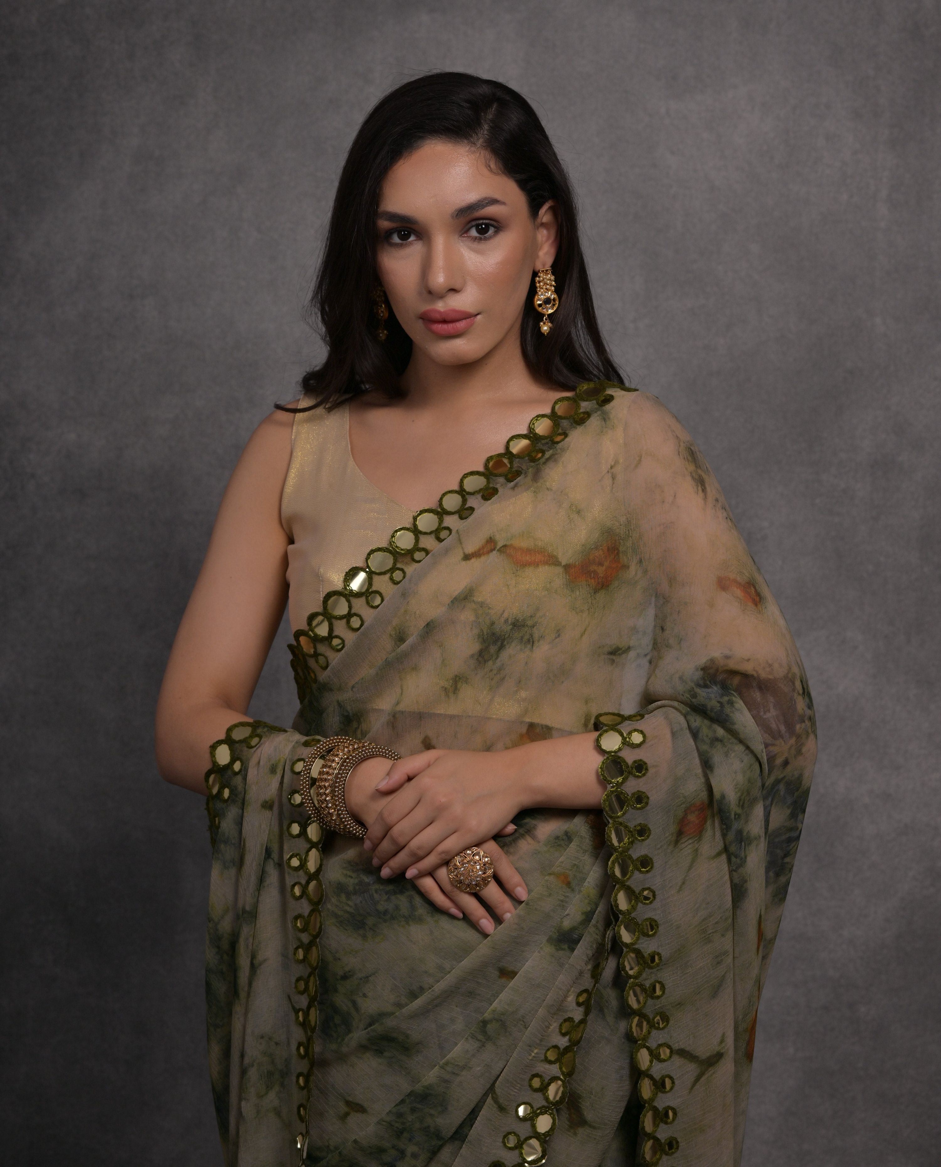 Jyoti Fashion Women's Grey Chiffon Print with Mirror Work Designer Saree with Blouse