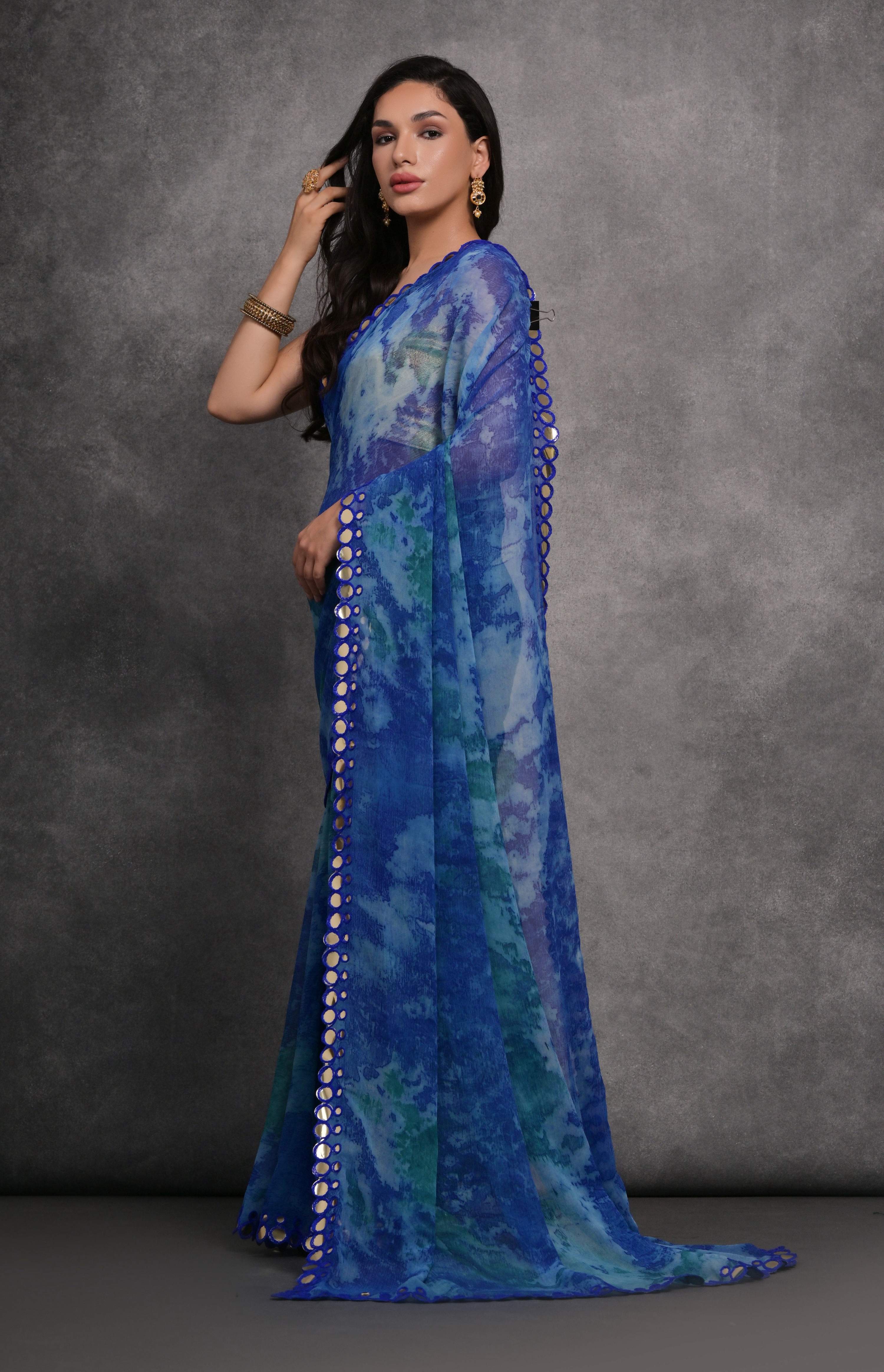 Jyoti Fashion Women's Blue Chiffon Print with Mirror Work Designer Saree with Blouse