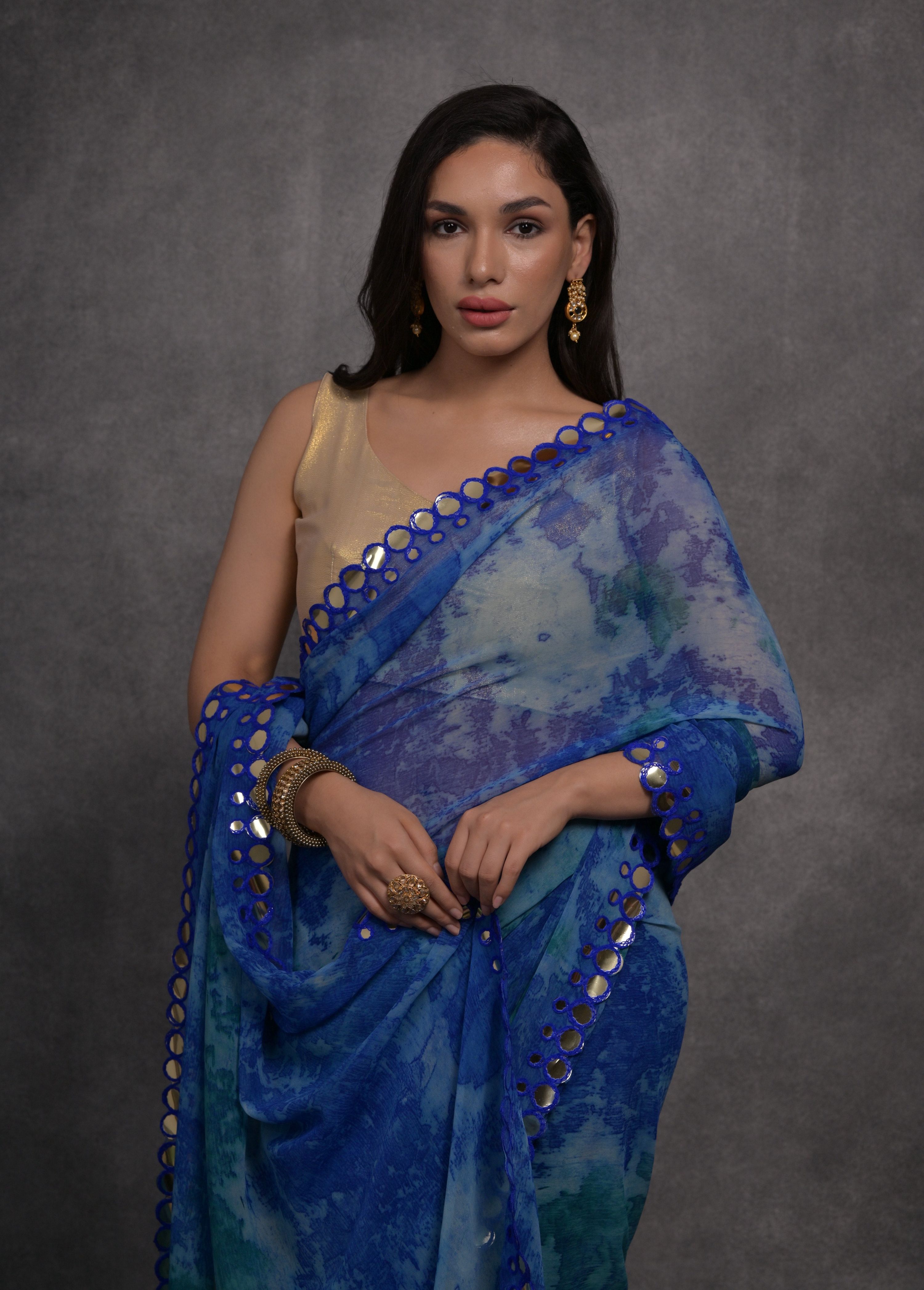 Jyoti Fashion Women's Blue Chiffon Print with Mirror Work Designer Saree with Blouse