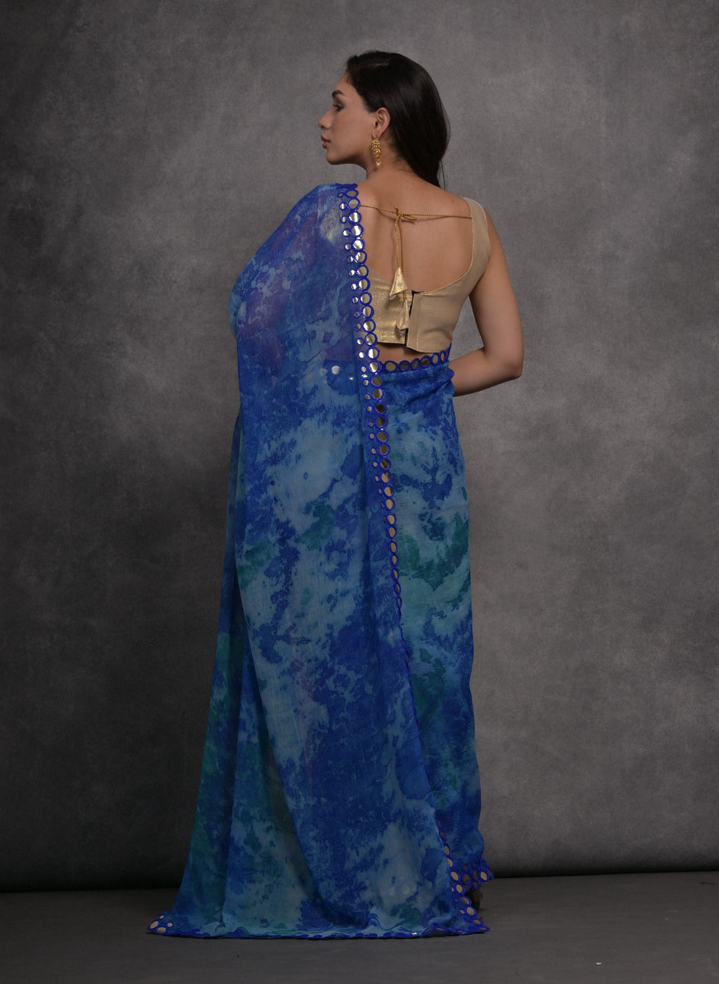 Jyoti Fashion Women's Blue Chiffon Print with Mirror Work Designer Saree with Blouse