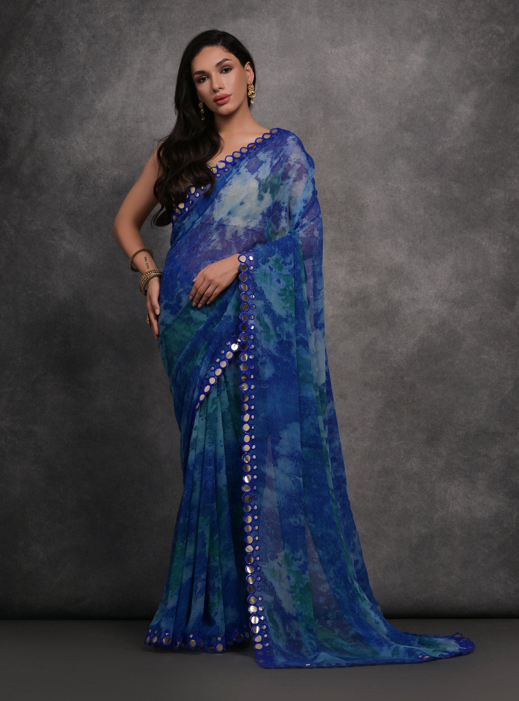 Jyoti Fashion Women's Blue Chiffon Print with Mirror Work Designer Saree with Blouse