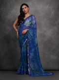 Jyoti Fashion Women's Blue Chiffon Print with Mirror Work Designer Saree with Blouse