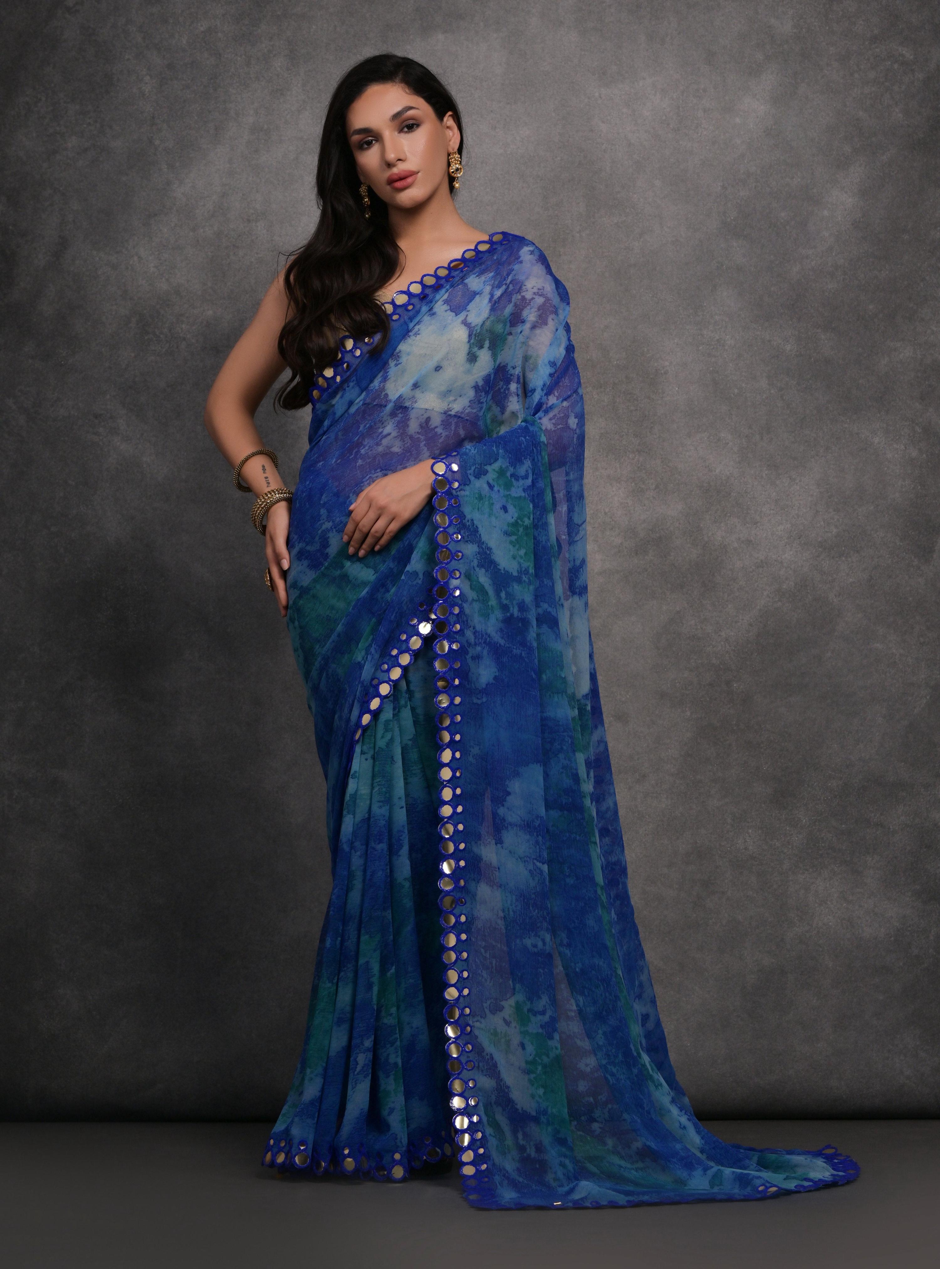 Jyoti Fashion Women's Blue Chiffon Print with Mirror Work Designer Saree with Blouse