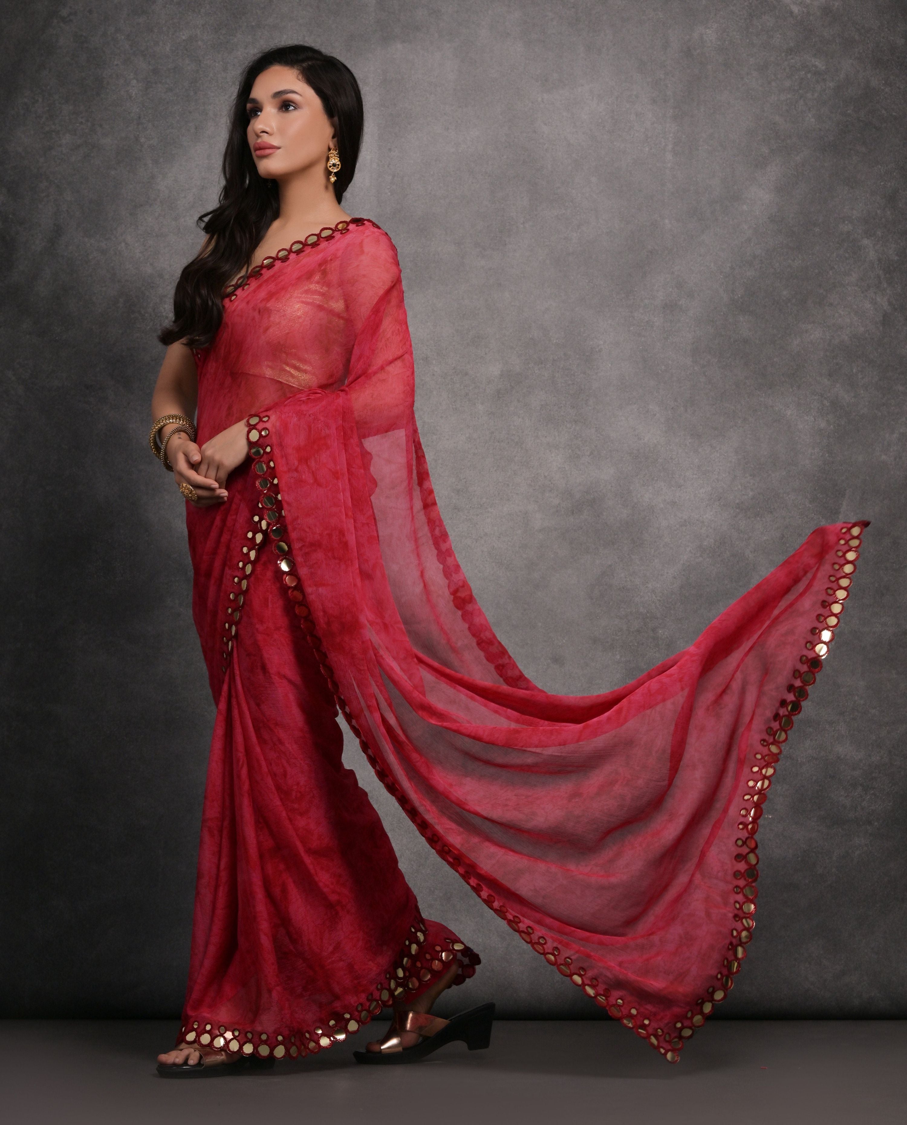 Jyoti Fashion Women's Pink Chiffon Print with Mirror Work Designer Saree with Blouse
