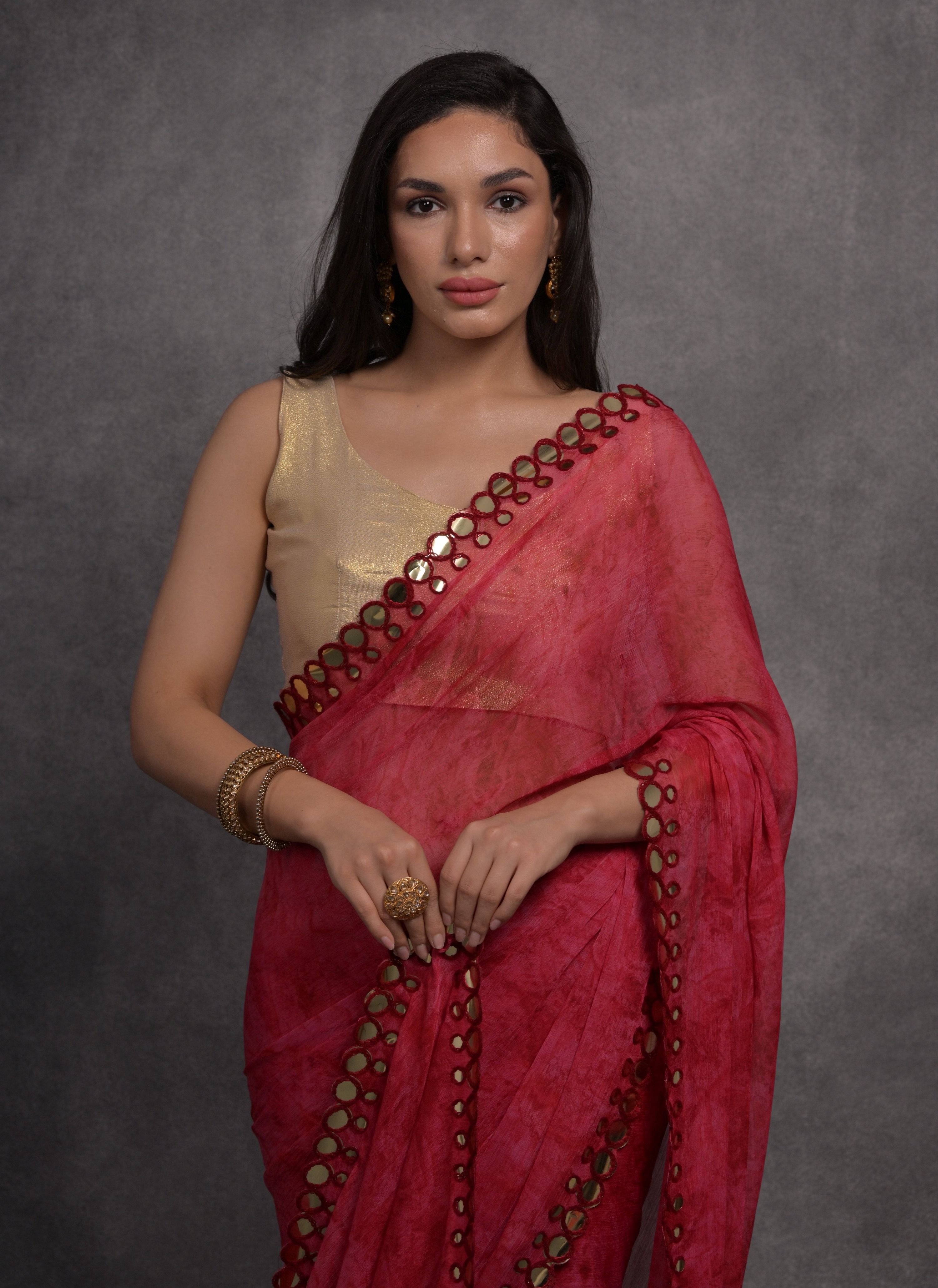 Jyoti Fashion Women's Pink Chiffon Print with Mirror Work Designer Saree with Blouse