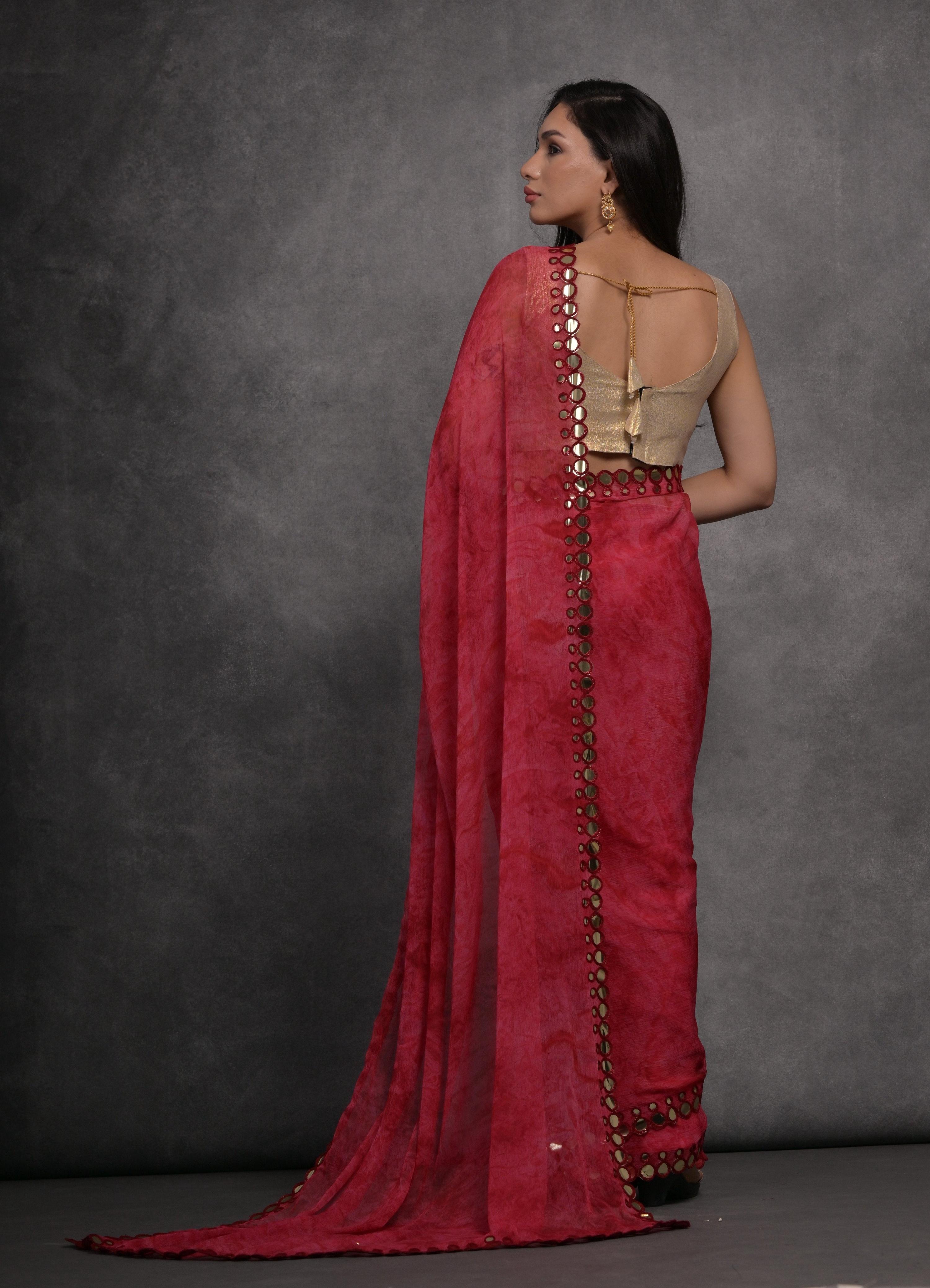 Jyoti Fashion Women's Pink Chiffon Print with Mirror Work Designer Saree with Blouse
