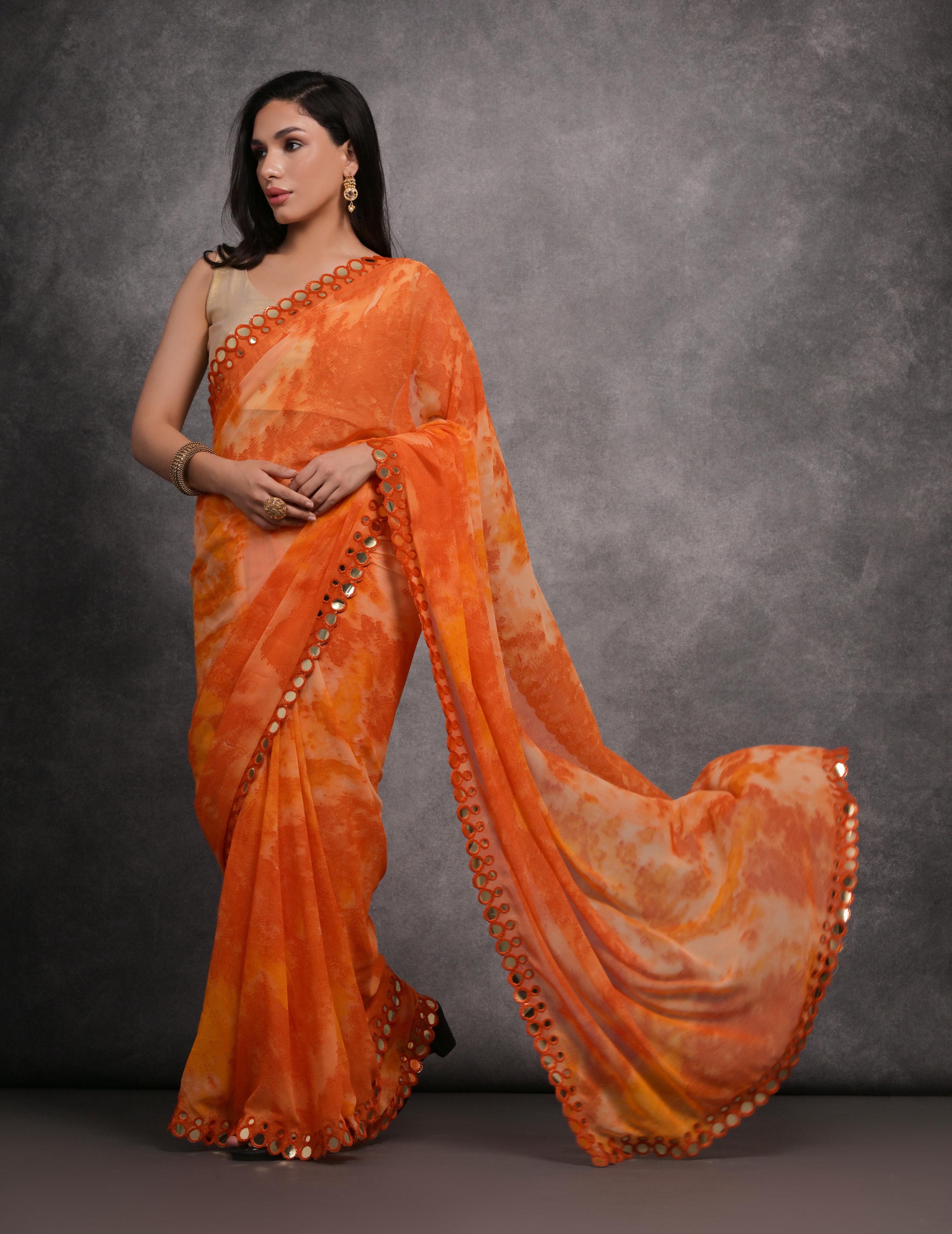 Jyoti Fashion Women's Orange Chiffon Print with Mirror Work Designer Saree with Blouse