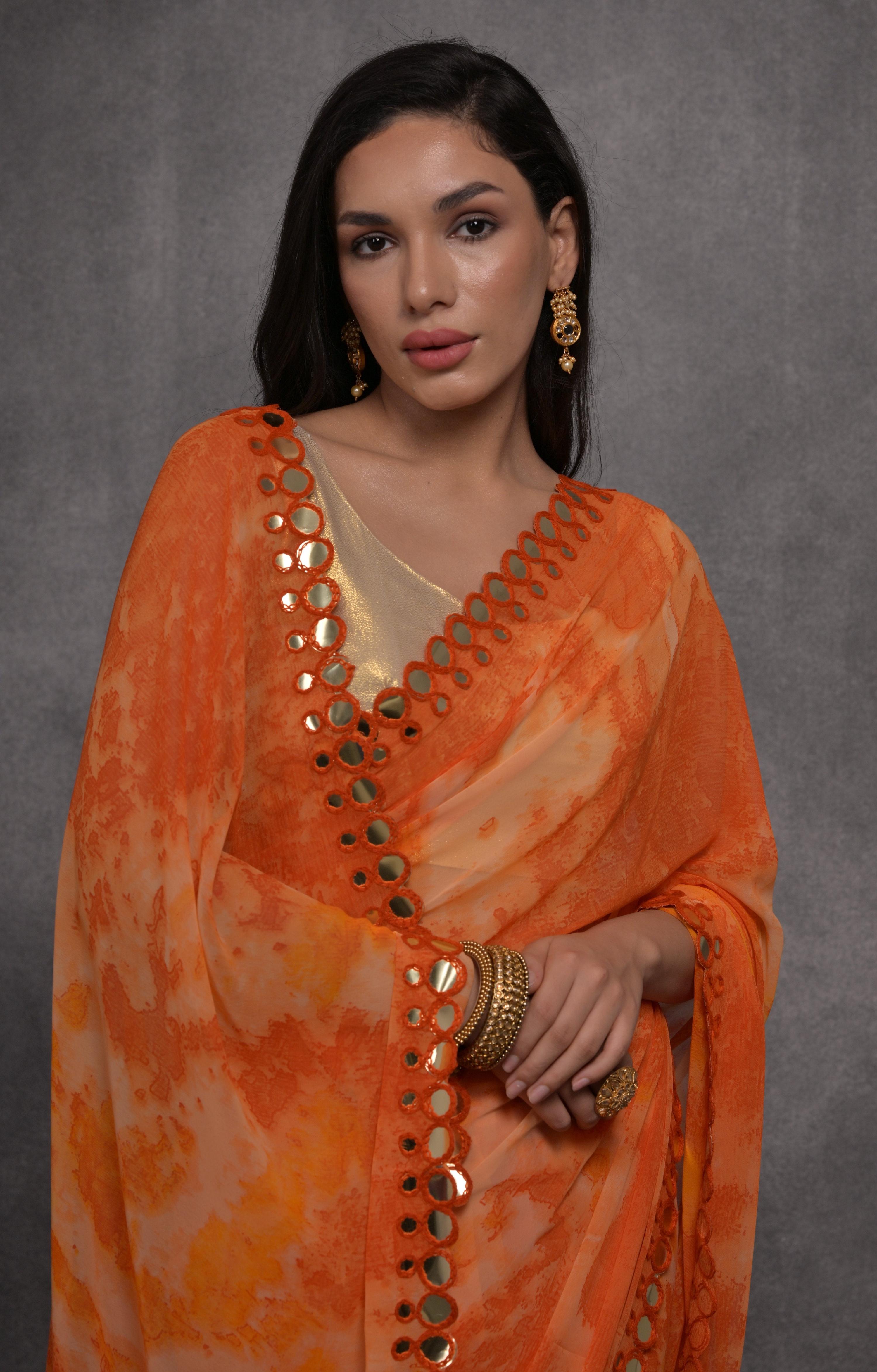 Jyoti Fashion Women's Orange Chiffon Print with Mirror Work Designer Saree with Blouse