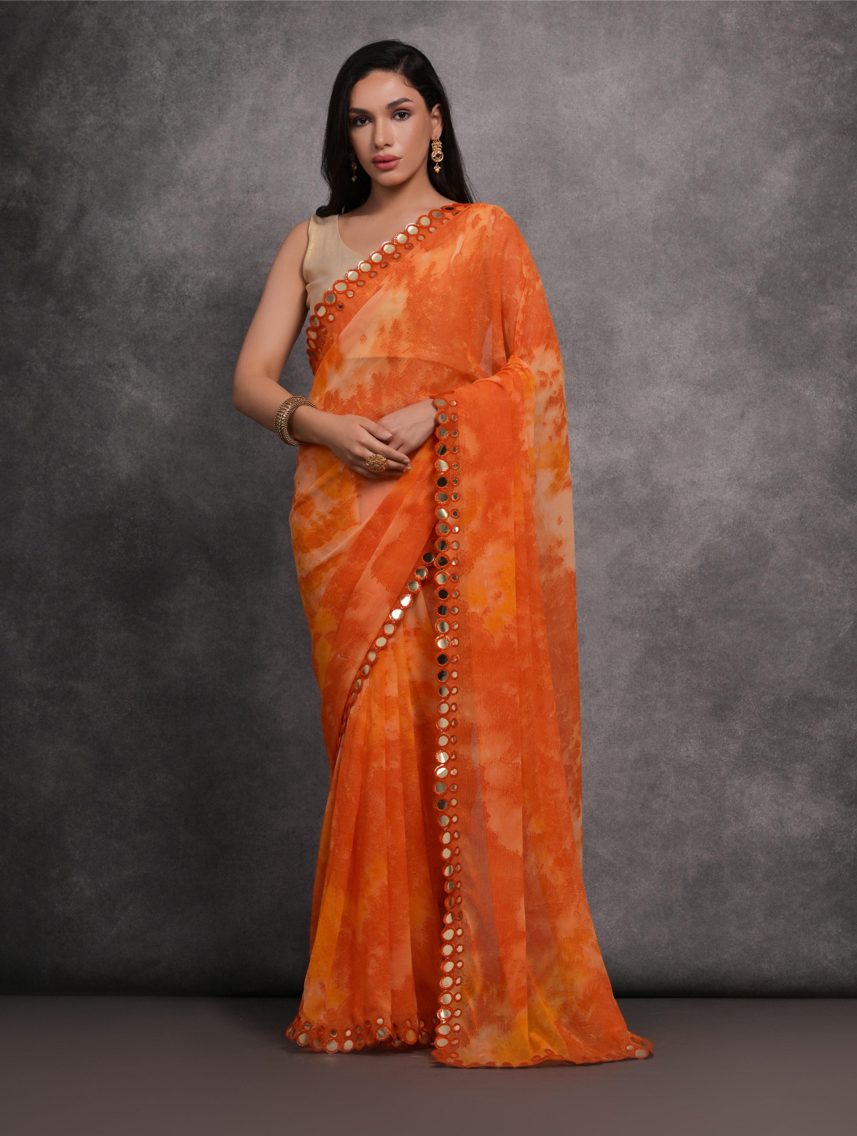 Jyoti Fashion Women's Orange Chiffon Print with Mirror Work Designer Saree with Blouse