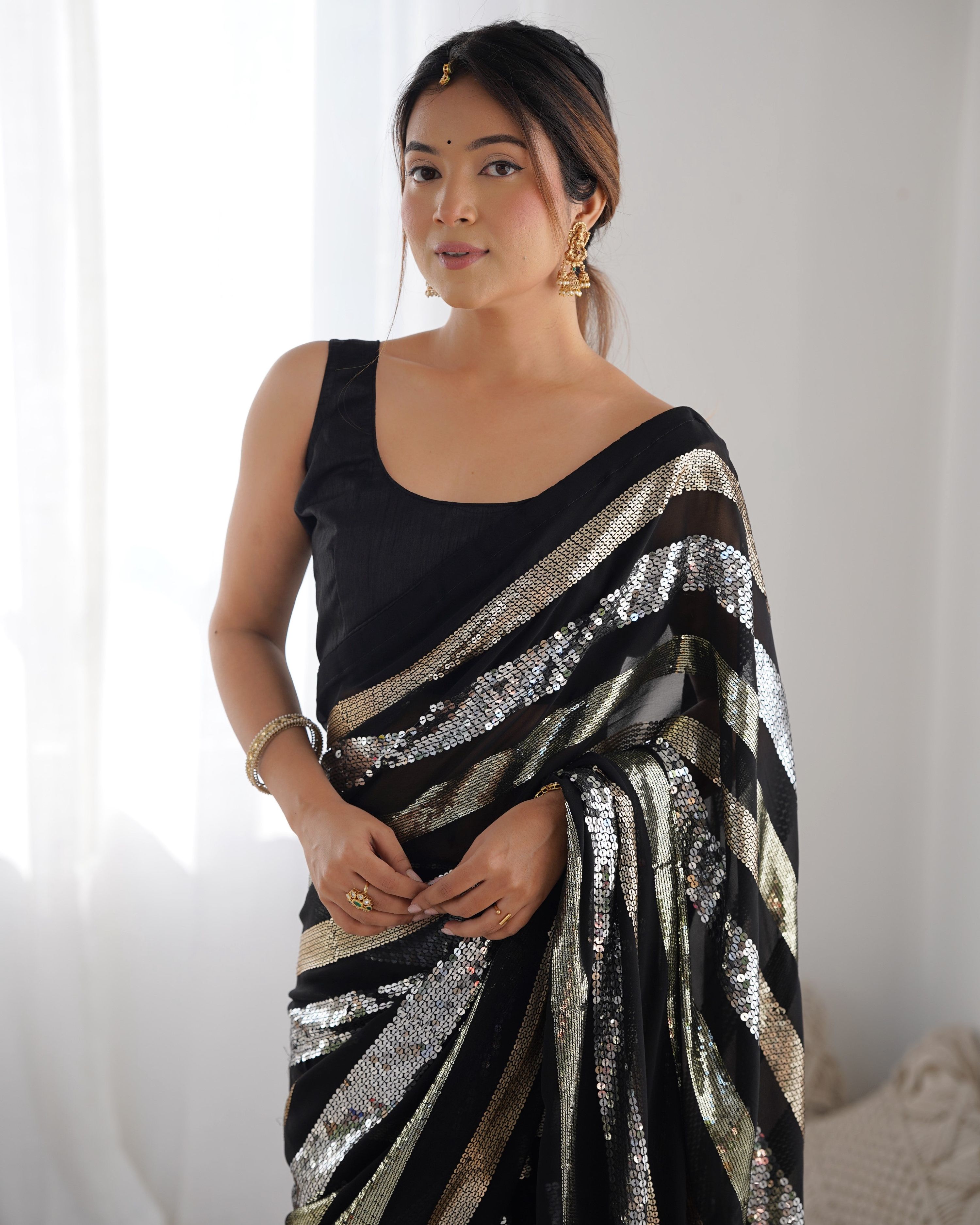 Jyoti Fashion Women's Black Georgette Sequins Designer Saree with Blouse