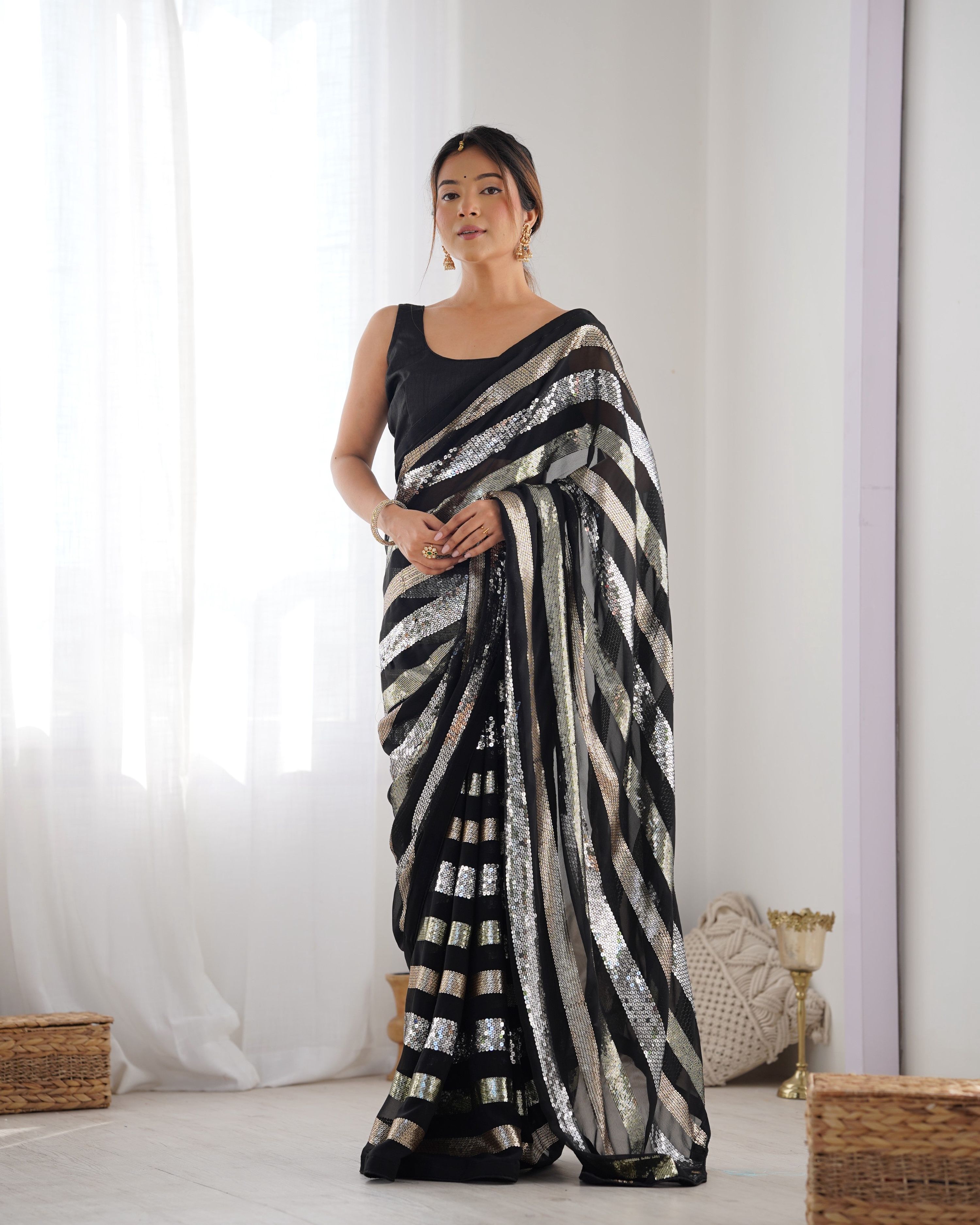 Jyoti Fashion Women's Black Georgette Sequins Designer Saree with Blouse