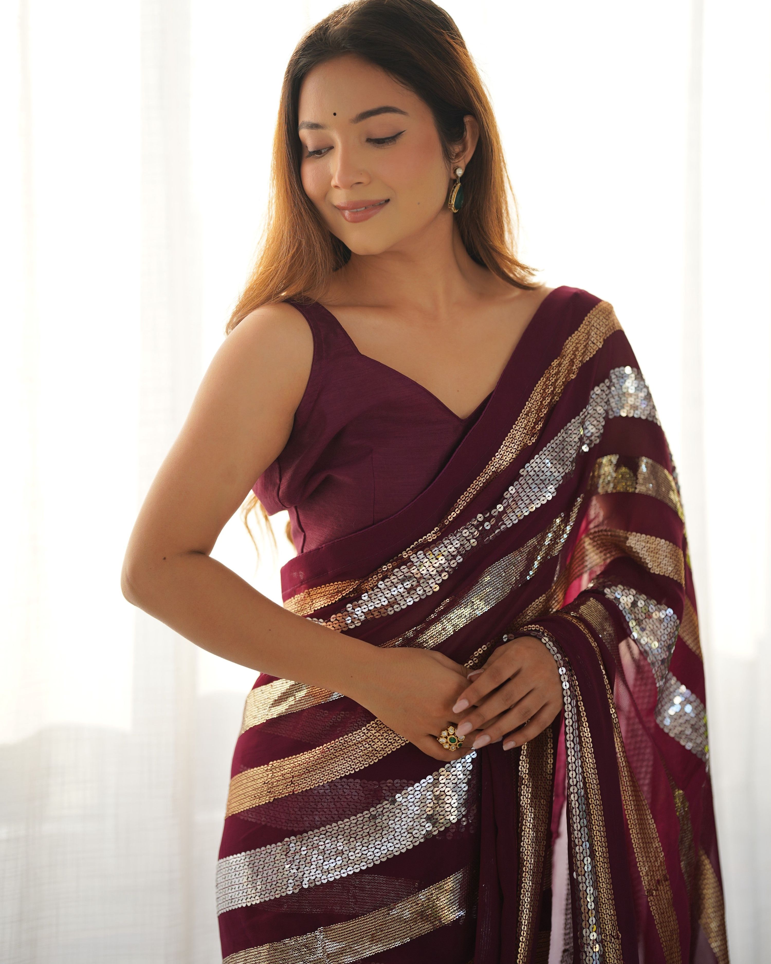 Jyoti Fashion Women's Wine Georgette Sequins Designer Saree with Blouse