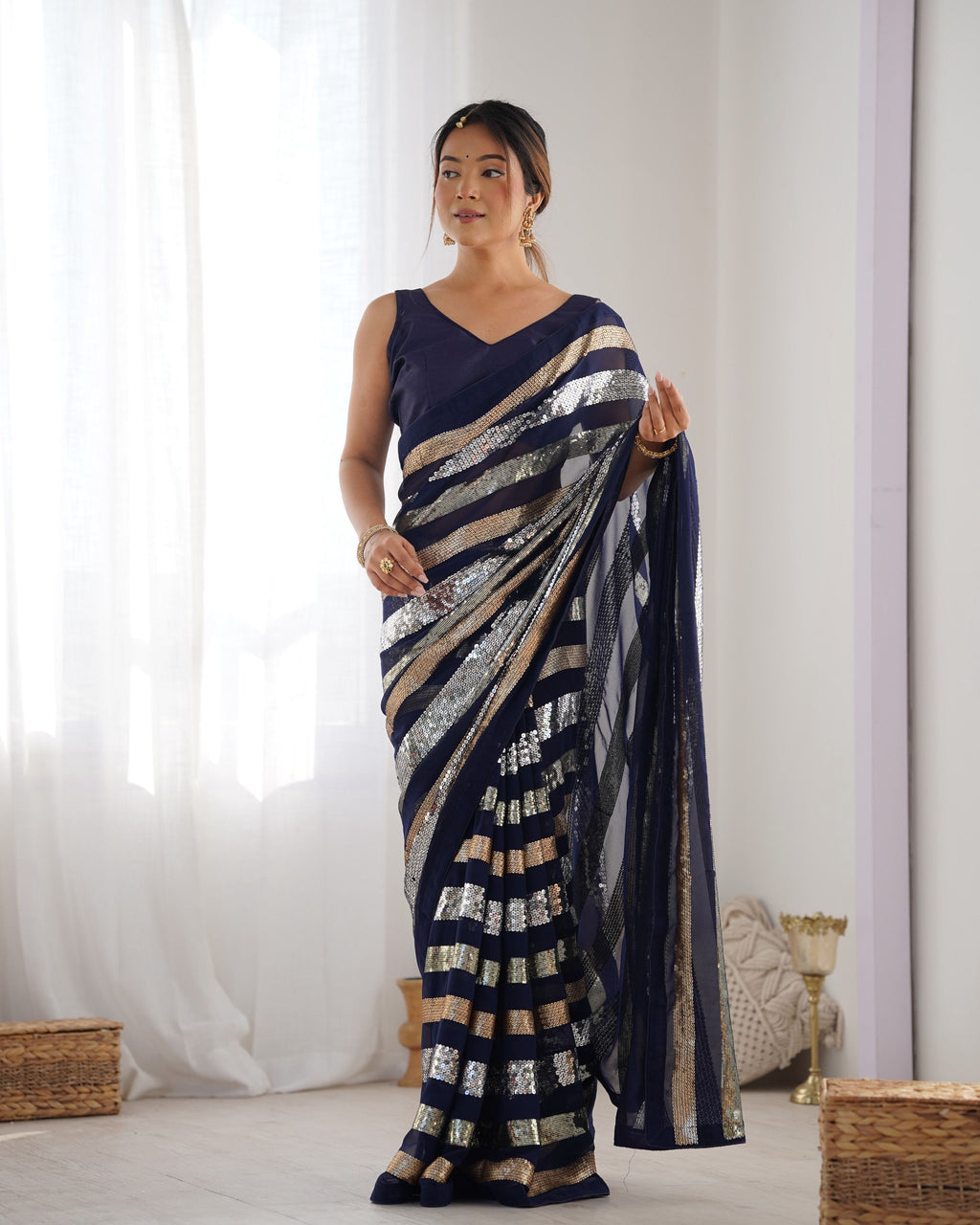 Jyoti Fashion Women's Navy Blue Georgette Sequins Designer Saree with Blouse