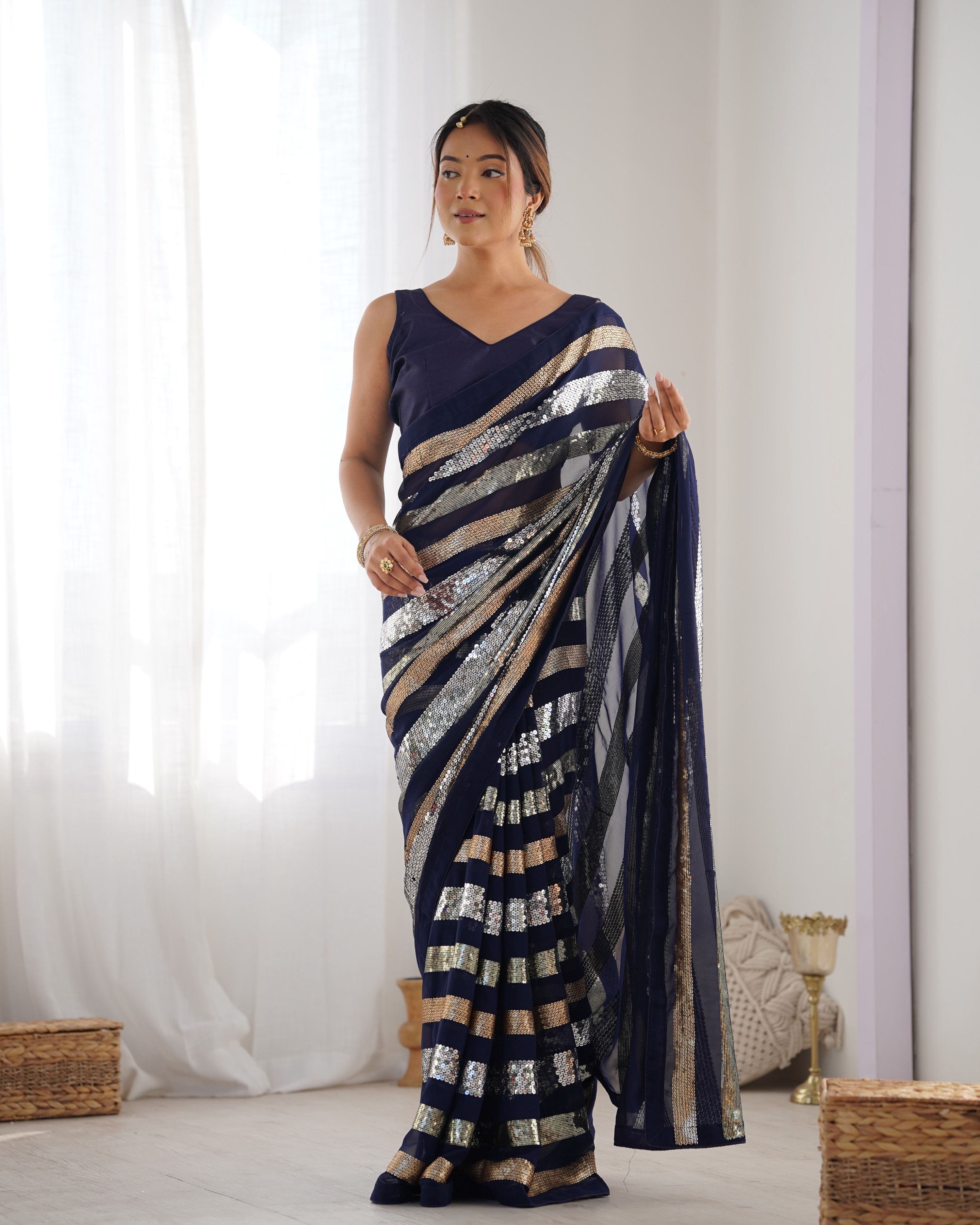Jyoti Fashion Women's Navy Blue Georgette Sequins Designer Saree with Blouse