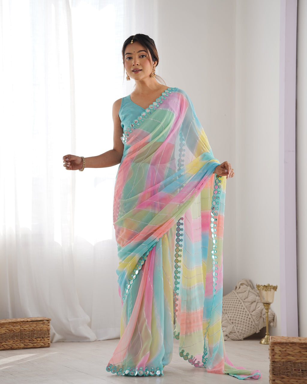 Jyoti Fashion Women's Multicolor Georgette Print with Mirror Work Designer Saree with Blouse