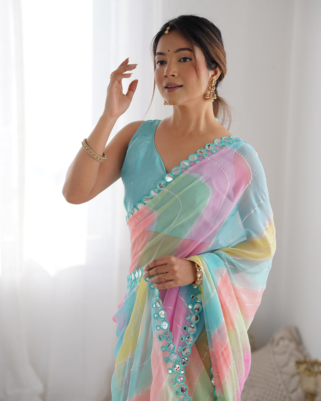 Jyoti Fashion Women's Multicolor Georgette Print with Mirror Work Designer Saree with Blouse
