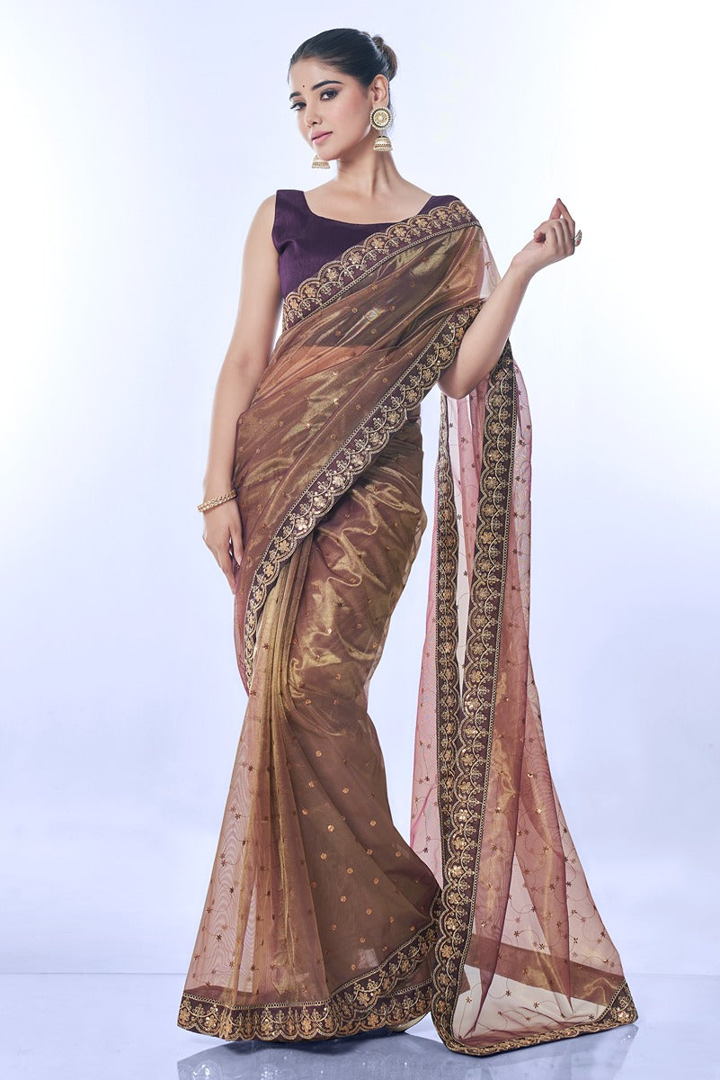 Jyoti Fashion Women's Brown Net Sequins Embroidered Designer Saree with Blouse