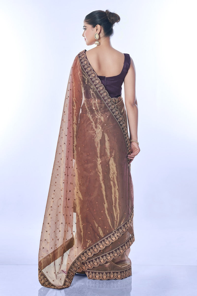Jyoti Fashion Women's Brown Net Sequins Embroidered Designer Saree with Blouse