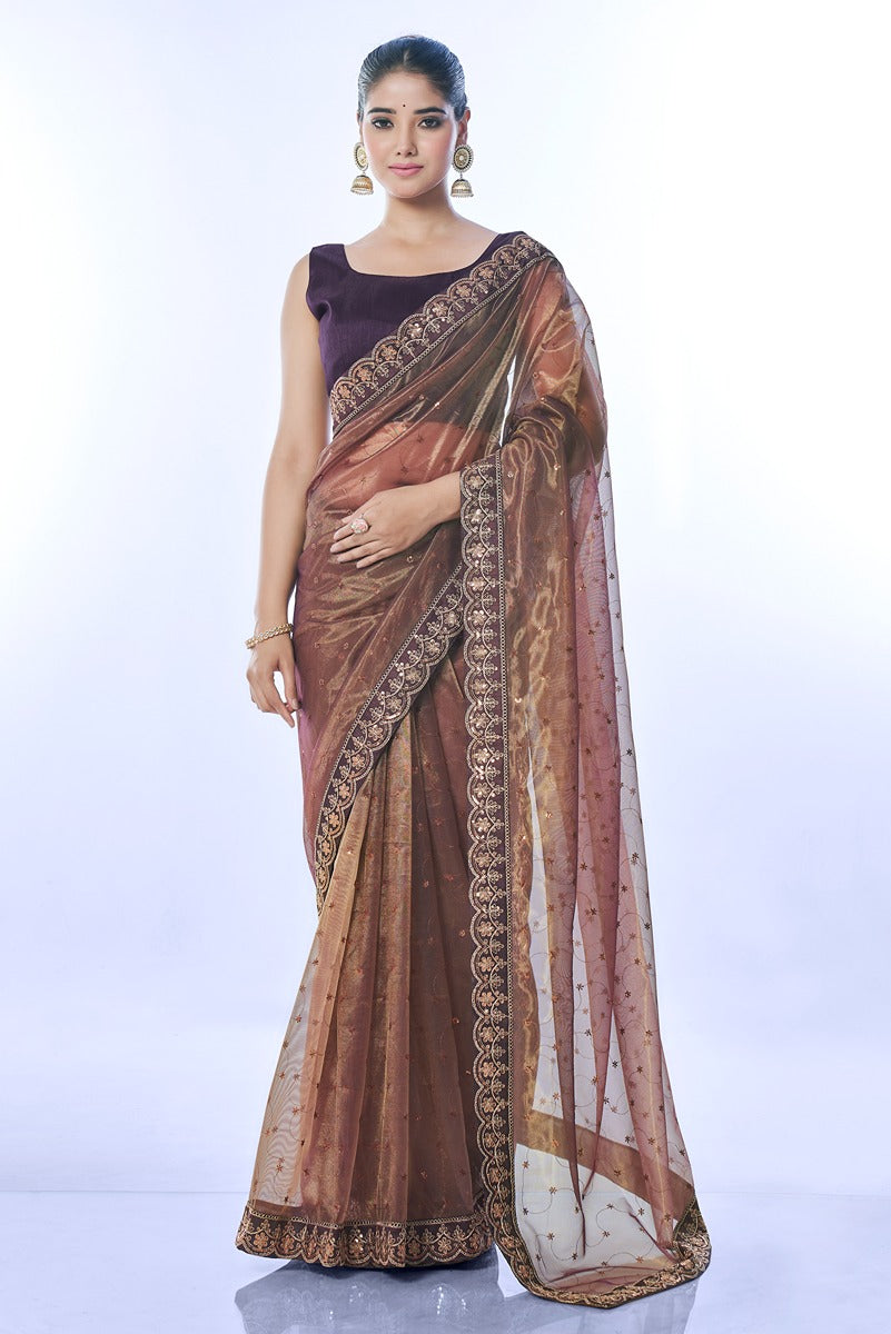 Jyoti Fashion Women's Brown Net Sequins Embroidered Designer Saree with Blouse