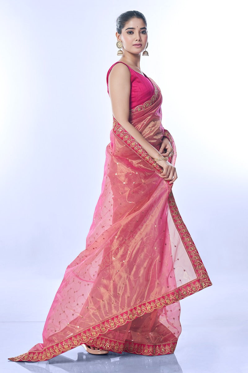 Jyoti Fashion Women's Pink Net Sequins Embroidered Designer Saree with Blouse
