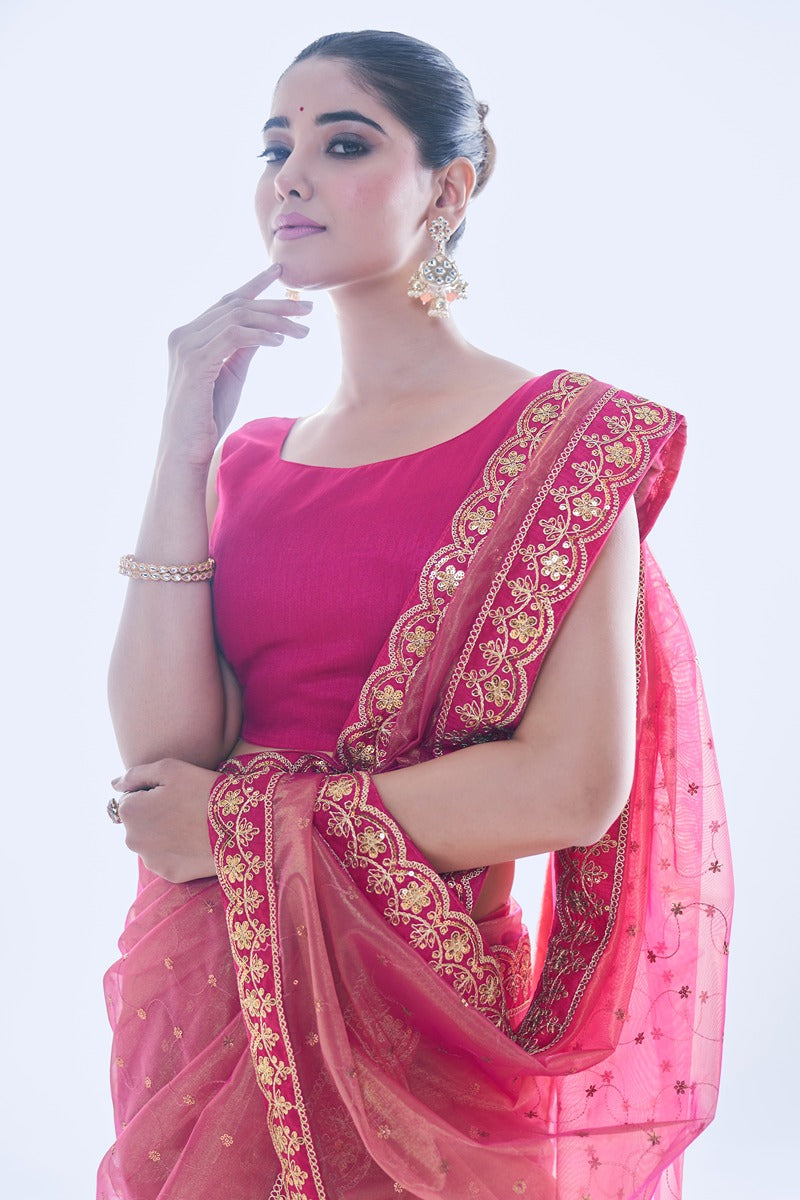 Jyoti Fashion Women's Pink Net Sequins Embroidered Designer Saree with Blouse