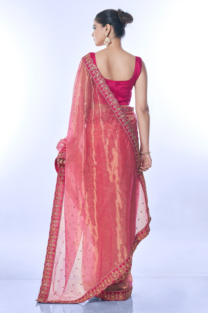 Jyoti Fashion Women's Pink Net Sequins Embroidered Designer Saree with Blouse