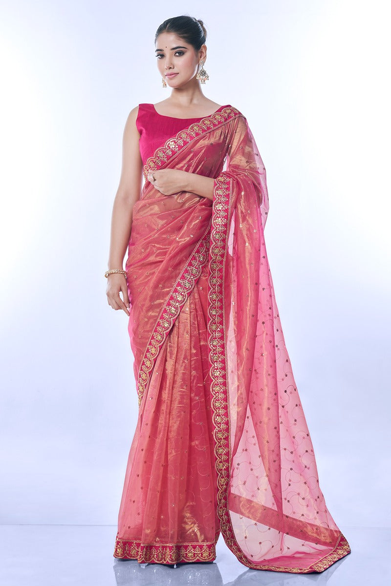 Jyoti Fashion Women's Pink Net Sequins Embroidered Designer Saree with Blouse
