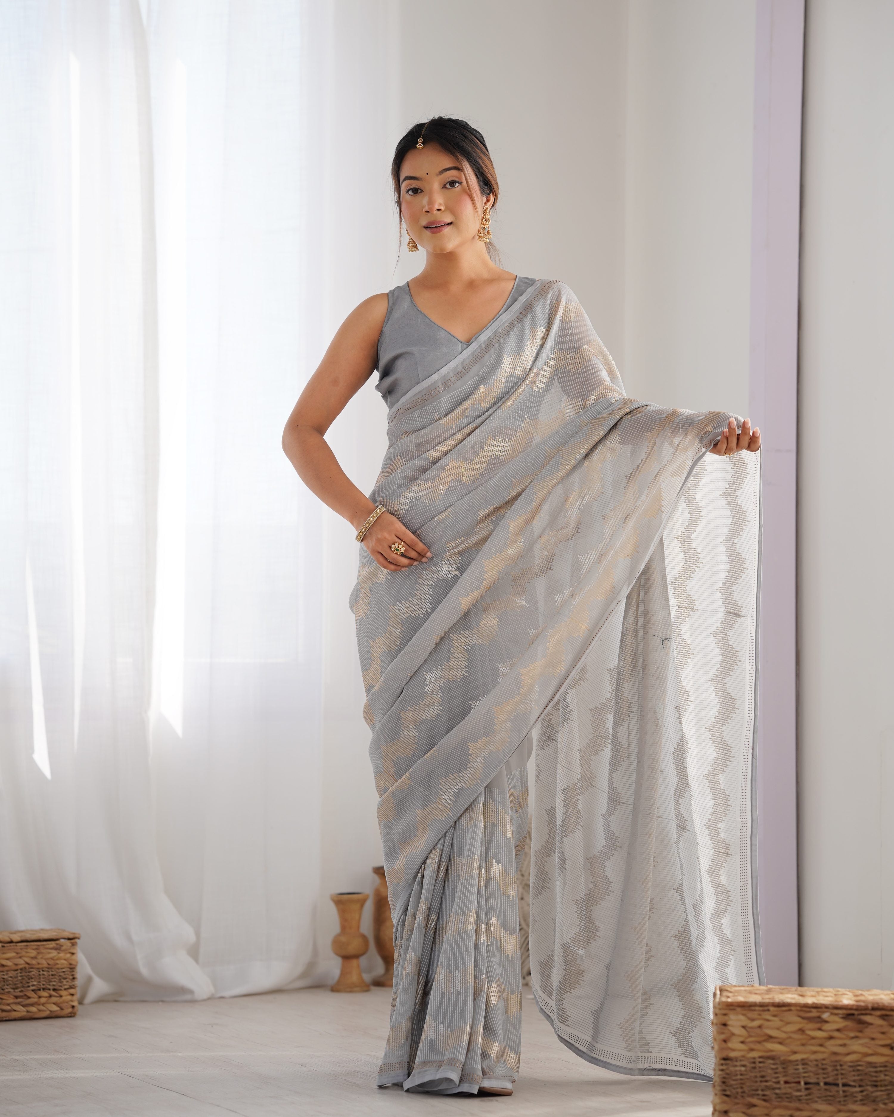 Jyoti Fashion Women's Grey Georgette Sequin Swarovski Designer Saree with Blouse