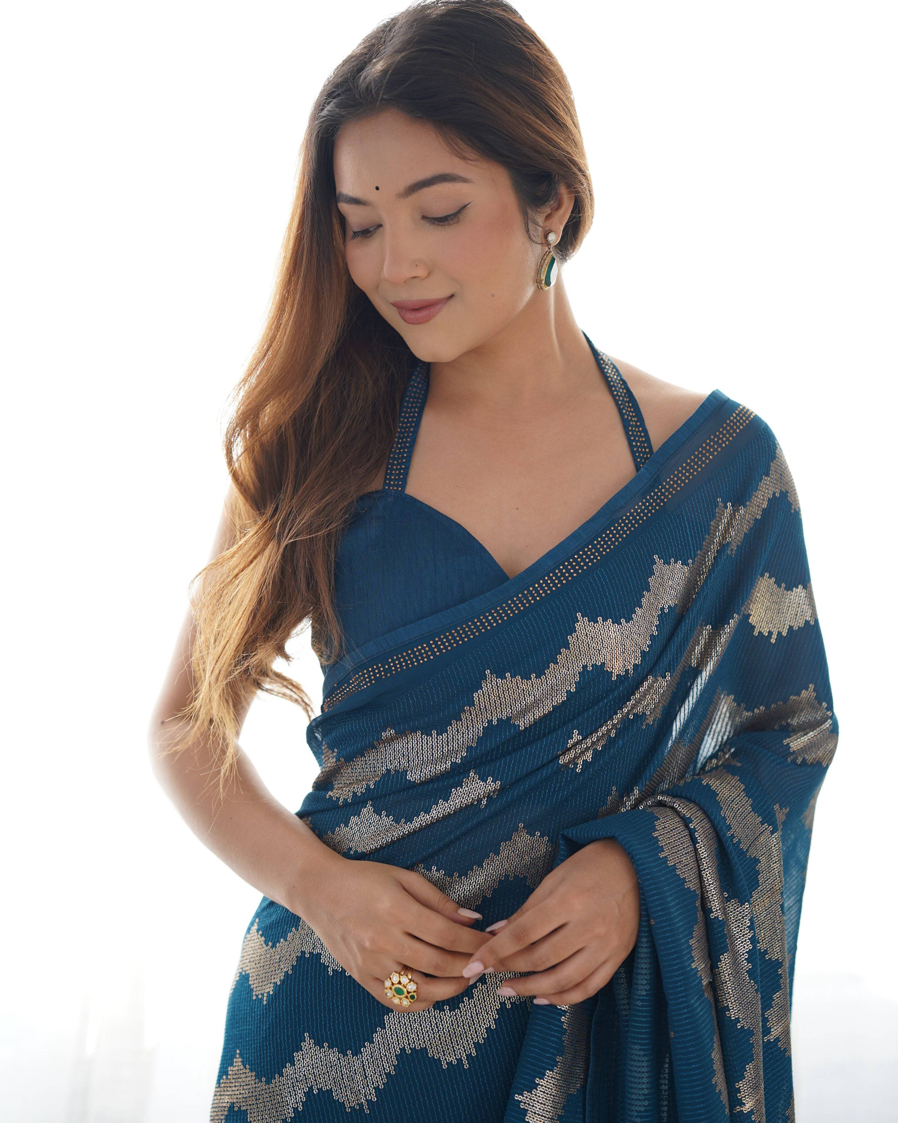 Jyoti Fashion Women's Teal Georgette Sequin Swarovski Designer Saree with Blouse