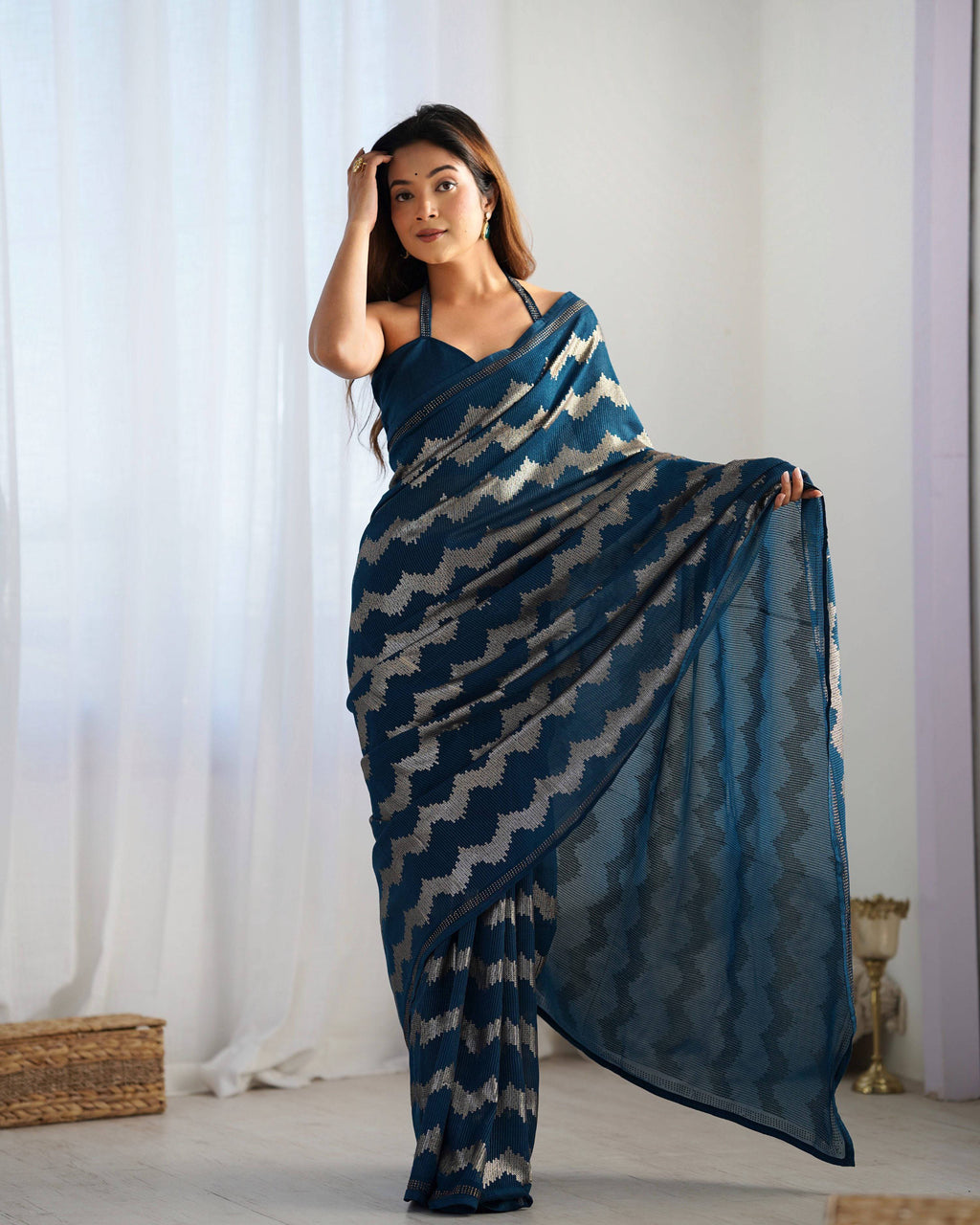 Jyoti Fashion Women's Teal Georgette Sequin Swarovski Designer Saree with Blouse