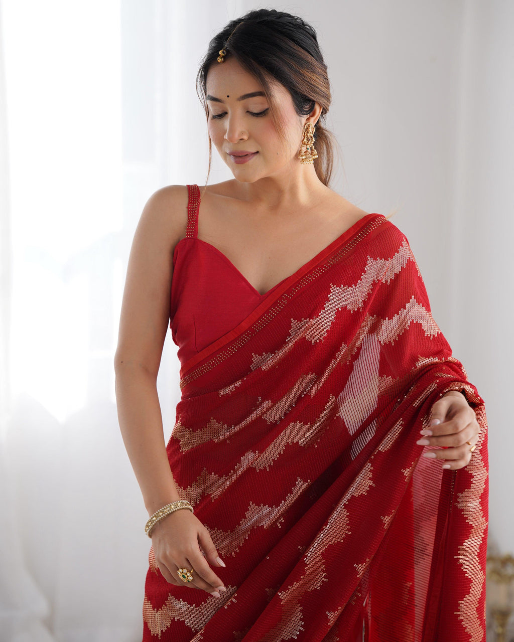 Jyoti Fashion Women's Red Georgette Sequin Swarovski Designer Saree with Blouse