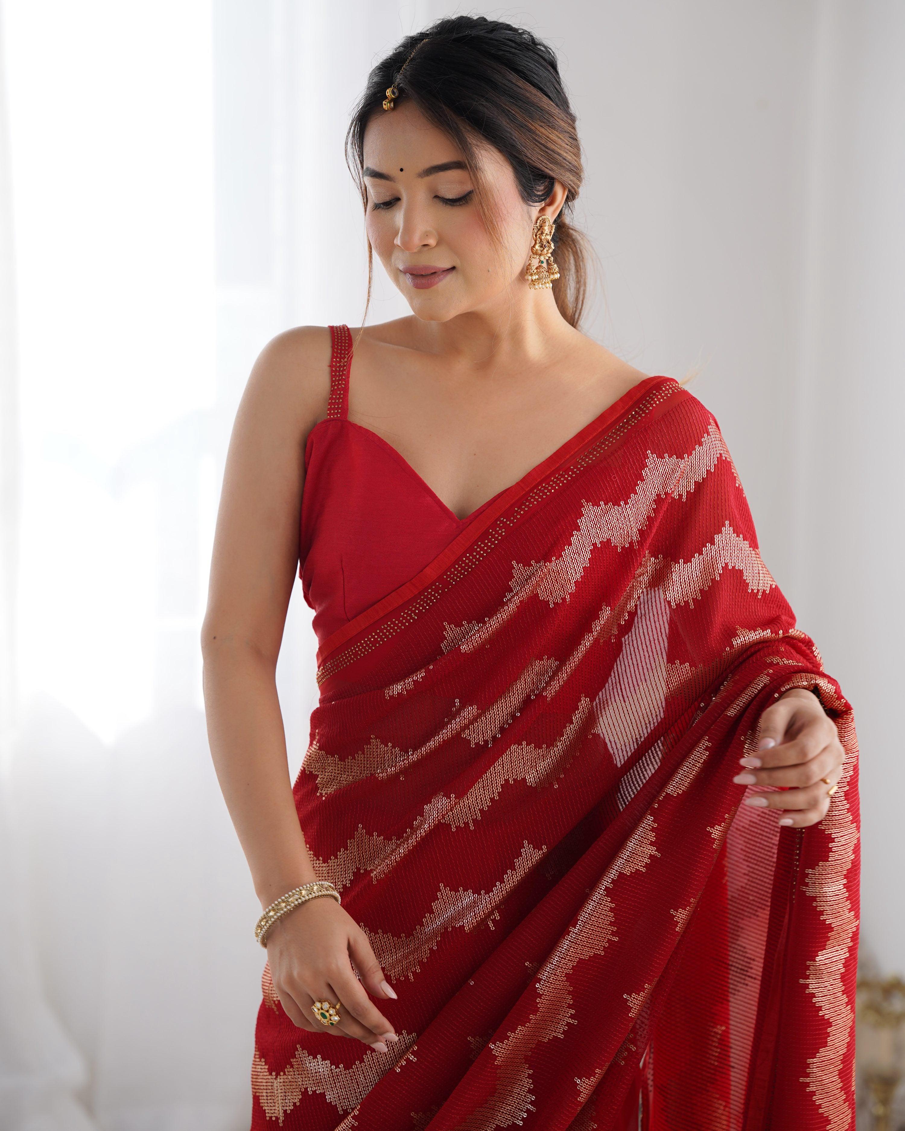 Jyoti Fashion Women's Red Georgette Sequin Swarovski Designer Saree with Blouse