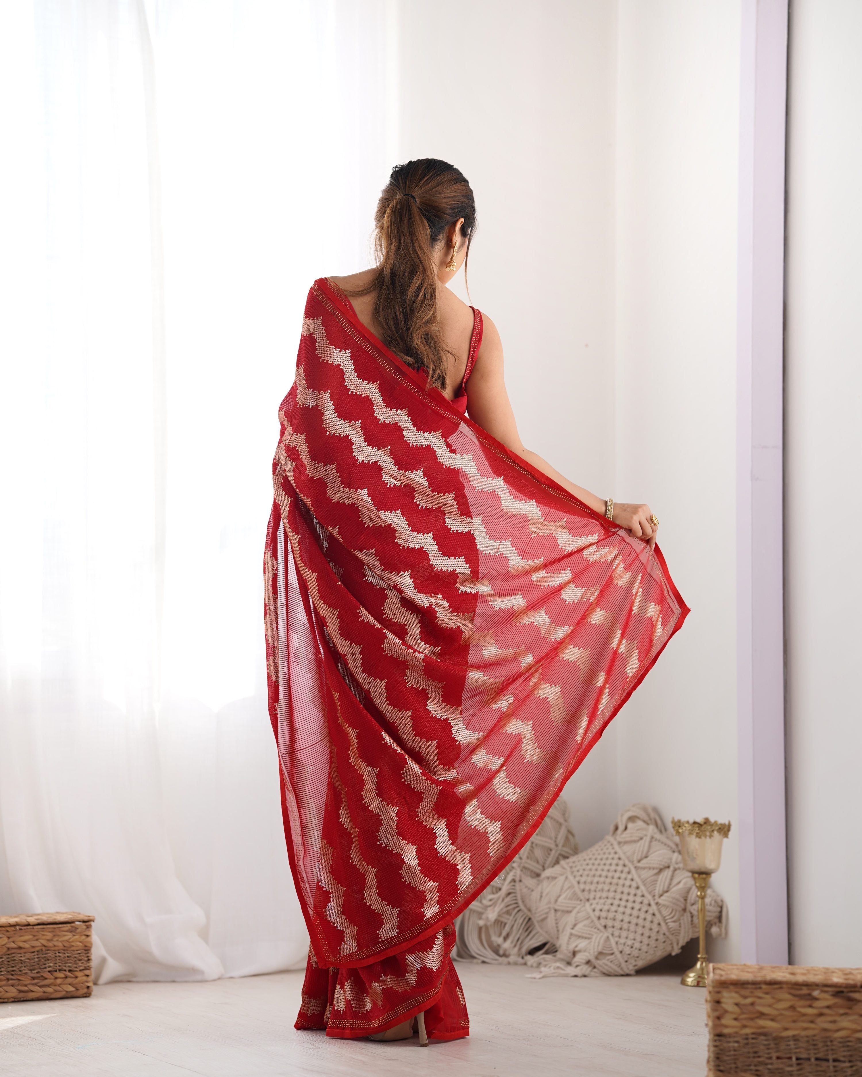 Jyoti Fashion Women's Red Georgette Sequin Swarovski Designer Saree with Blouse