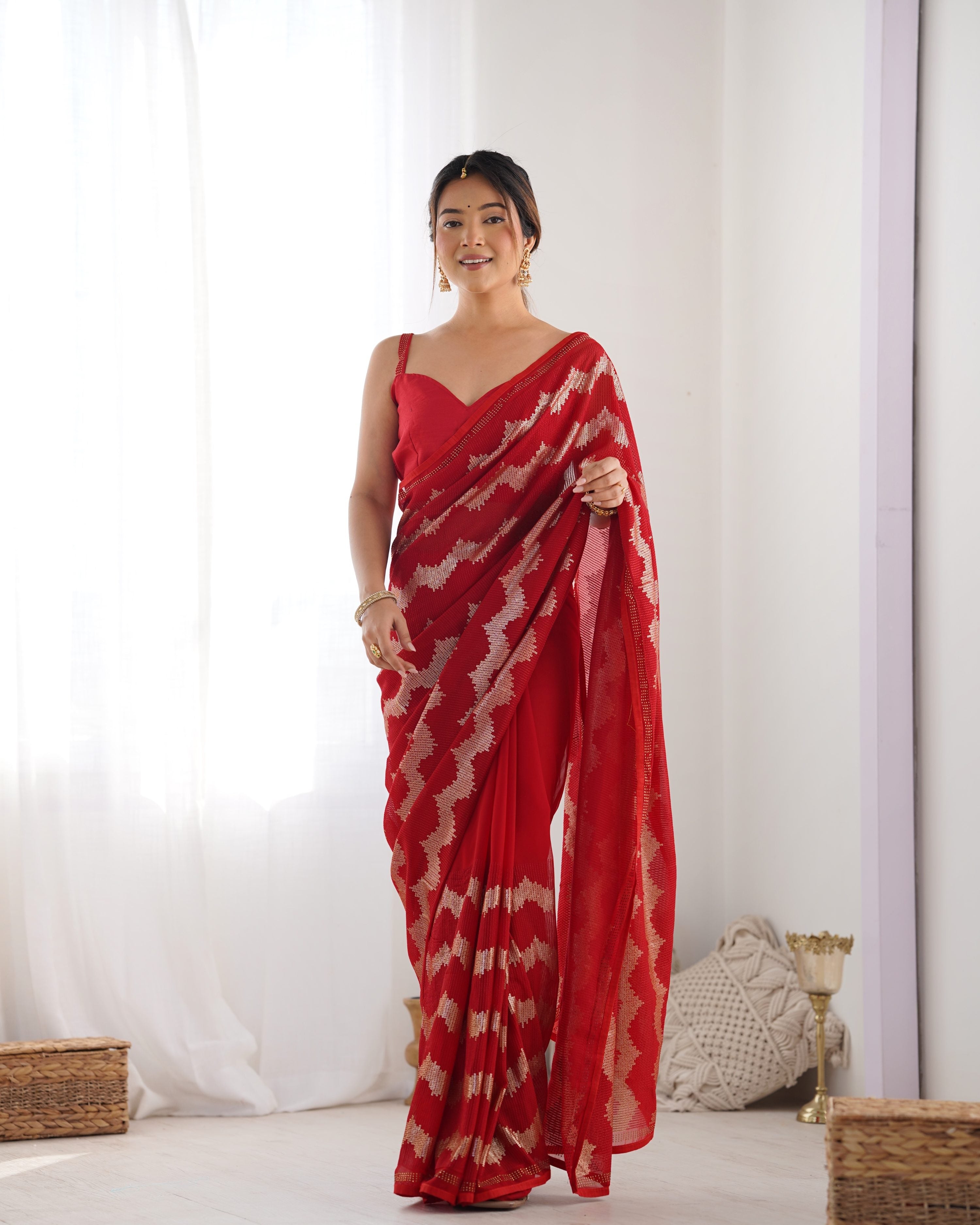Jyoti Fashion Women's Red Georgette Sequin Swarovski Designer Saree with Blouse