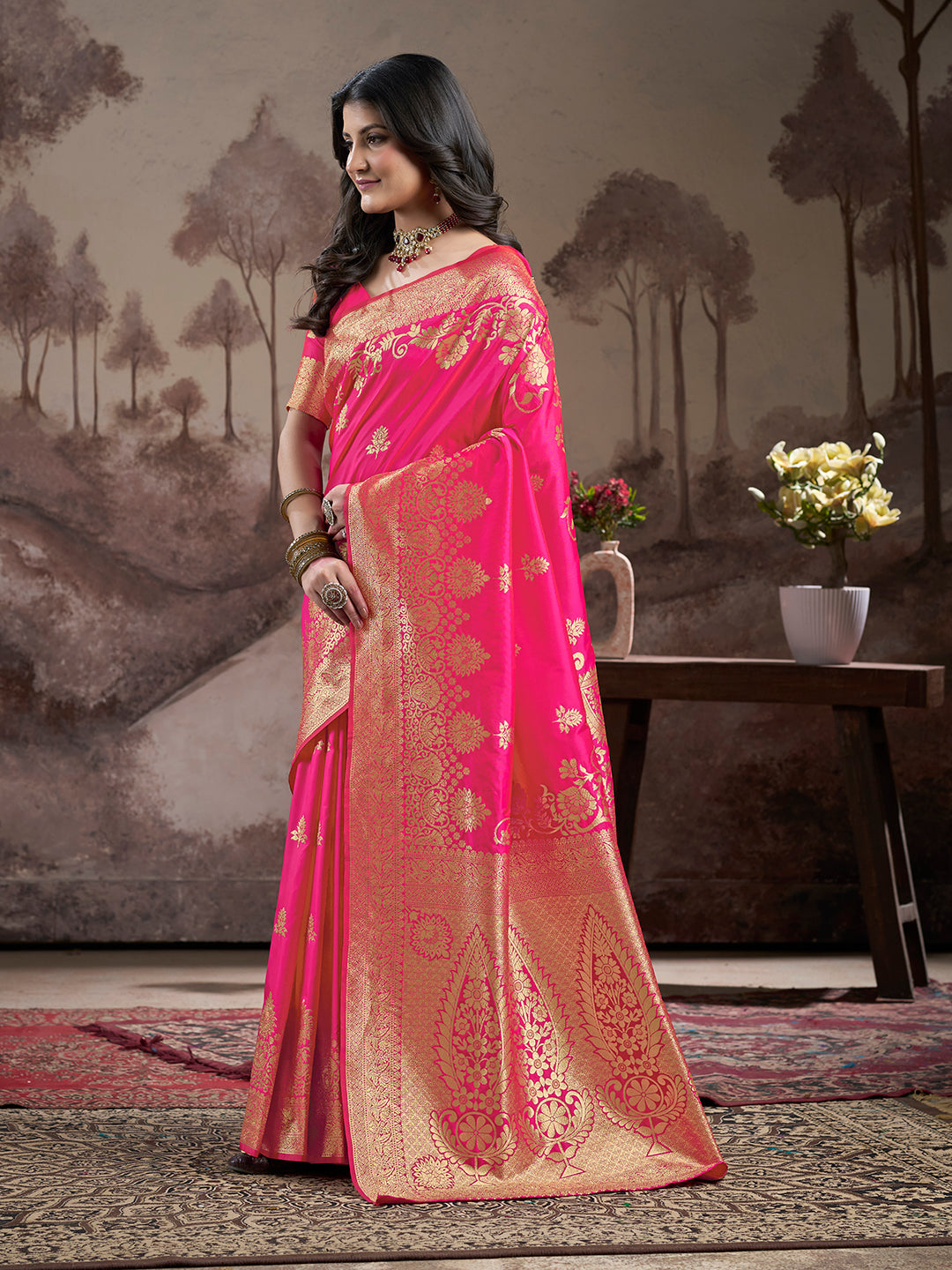 Jyoti Fashion Women's Pink Soft Lichi Silk Jacquard Traditional Saree with Blouse