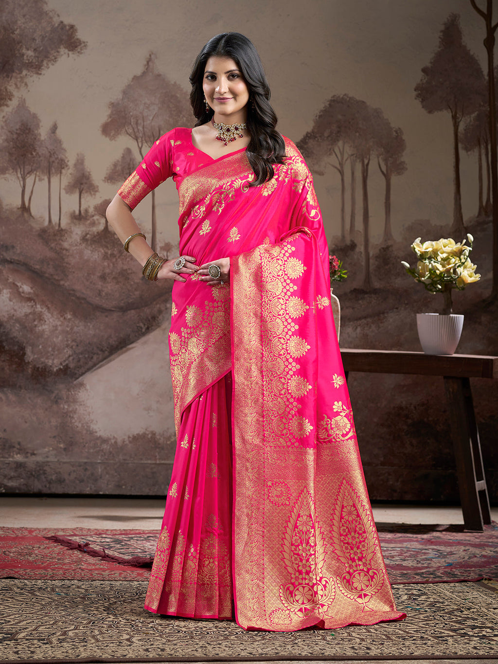 Jyoti Fashion Women's Pink Soft Lichi Silk Jacquard Traditional Saree with Blouse