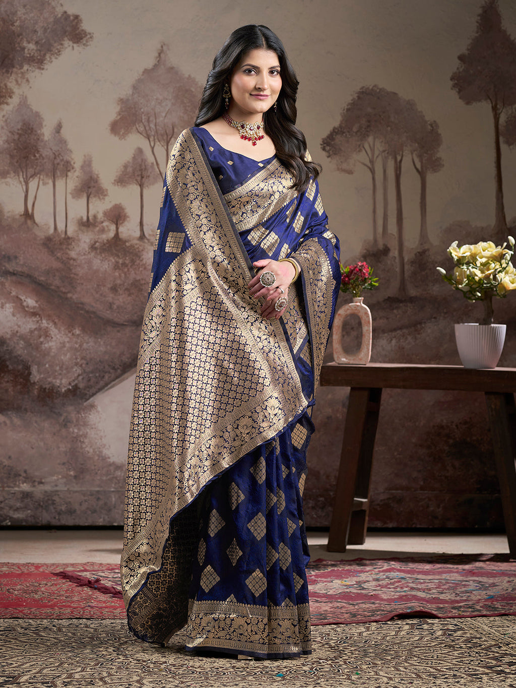 Jyoti Fashion Women's Navy Blue Soft Lichi Silk Jacquard Traditional Saree with Blouse