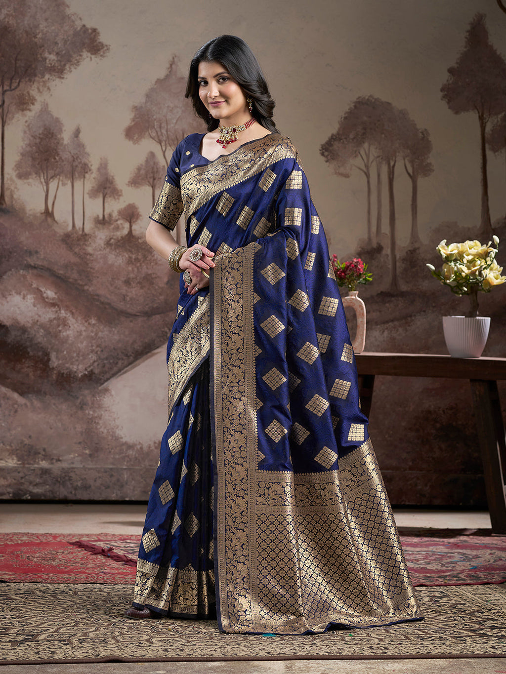 Jyoti Fashion Women's Navy Blue Soft Lichi Silk Jacquard Traditional Saree with Blouse