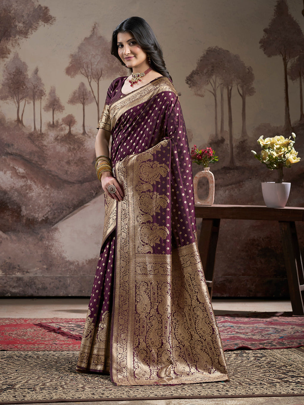 Jyoti Fashion Women's Wine Soft Lichi Silk Jacquard Traditional Saree with Blouse