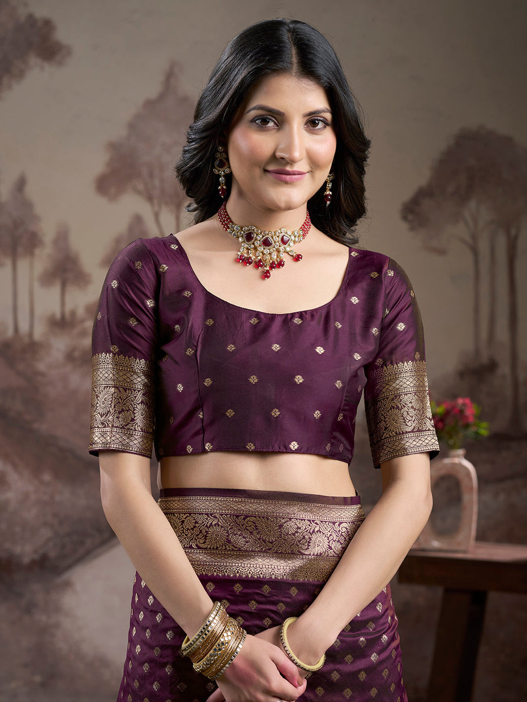 Jyoti Fashion Women's Wine Soft Lichi Silk Jacquard Traditional Saree with Blouse