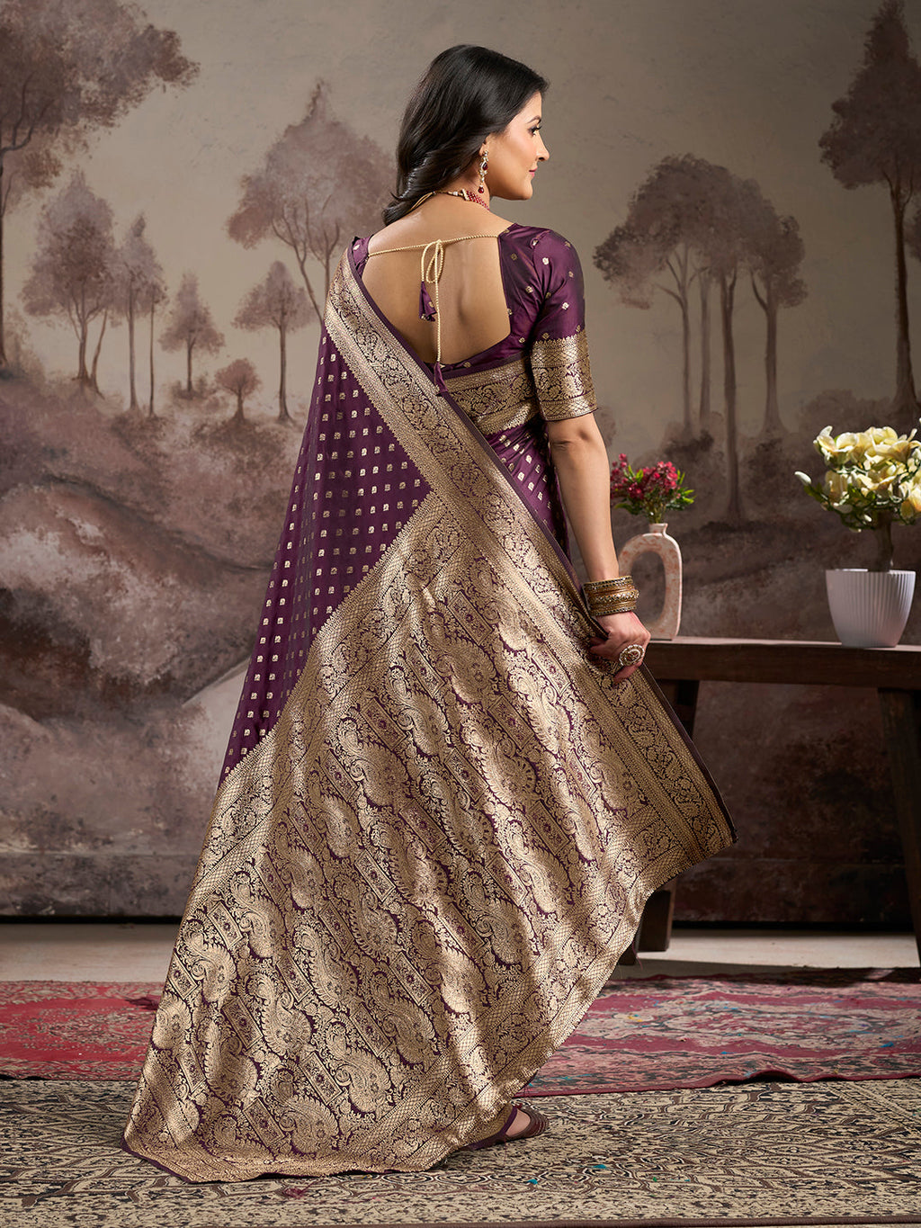 Jyoti Fashion Women's Wine Soft Lichi Silk Jacquard Traditional Saree with Blouse