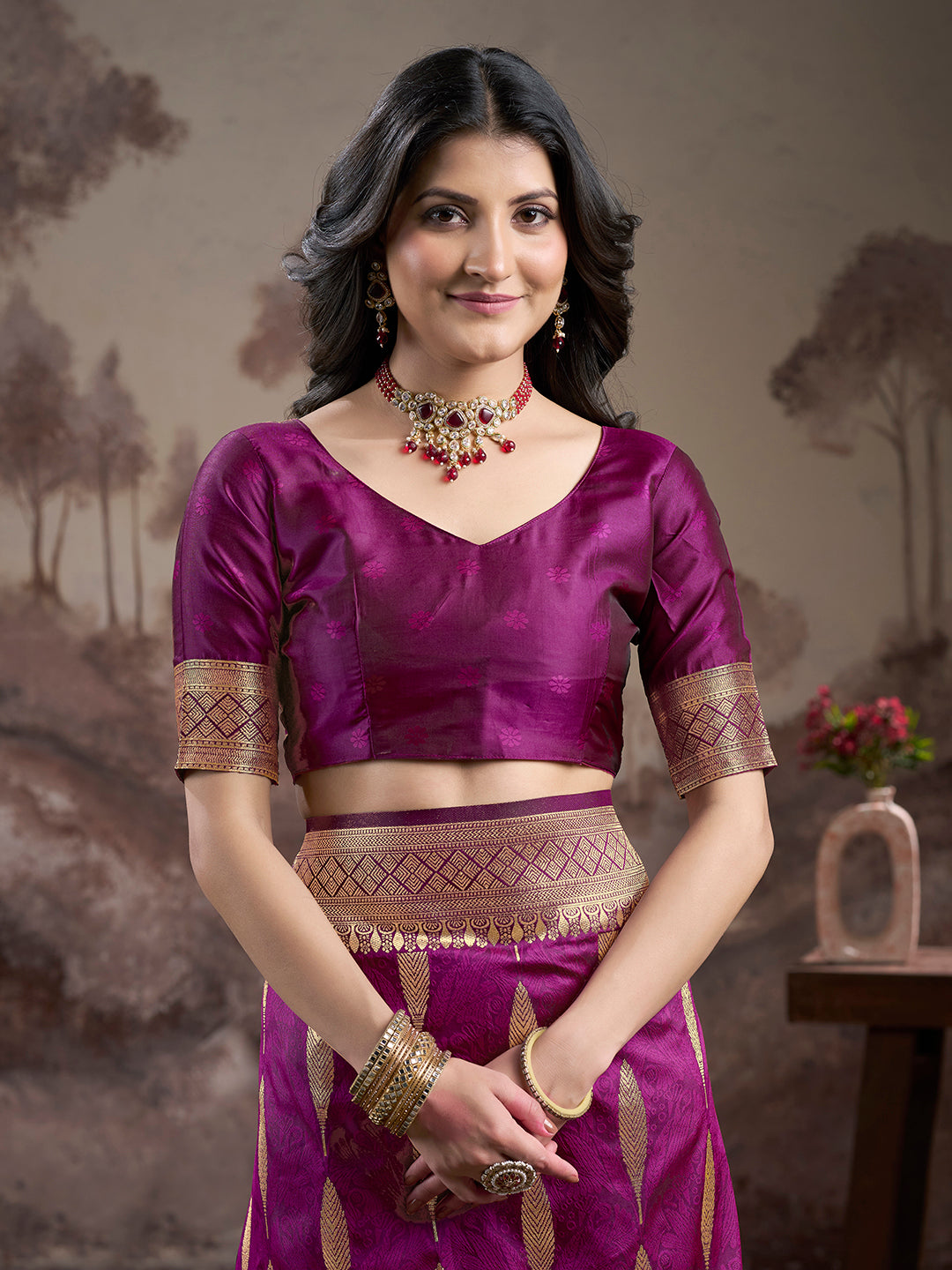 Jyoti Fashion Women's Purple Soft Lichi Silk Jacquard Traditional Saree with Blouse